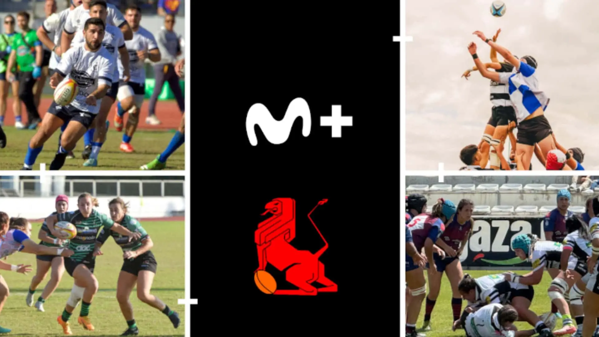 Collage promocional del rugby español en Movistar Plus+, con imágenes de partidos de la División de Honor masculina y femenina