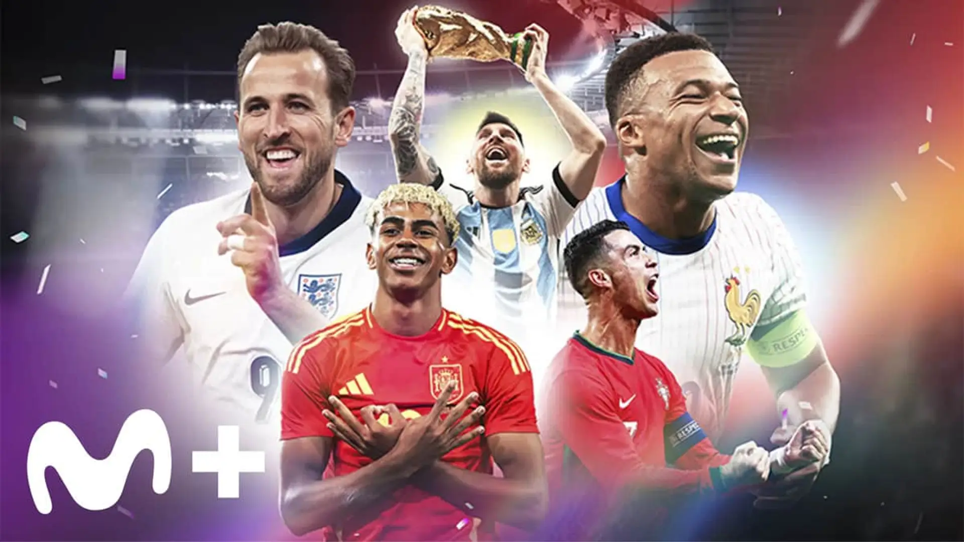 Harry Kane, Messi, Mbappé, Ronaldo y Lamine Yamal en el cartel promocional de Movistar Plus+ para ver fútbol internacional.