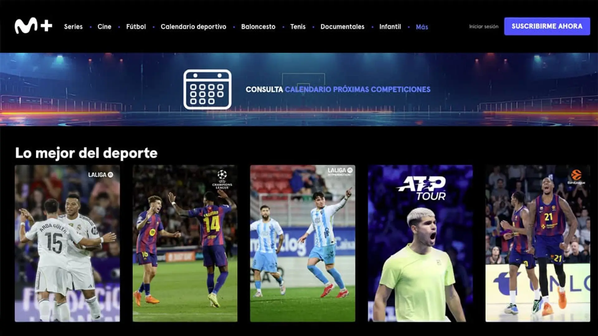 Captura de la web de Movistar Plus+ mostrando su oferta deportiva: LaLiga, Champions League, tenis y Euroliga.