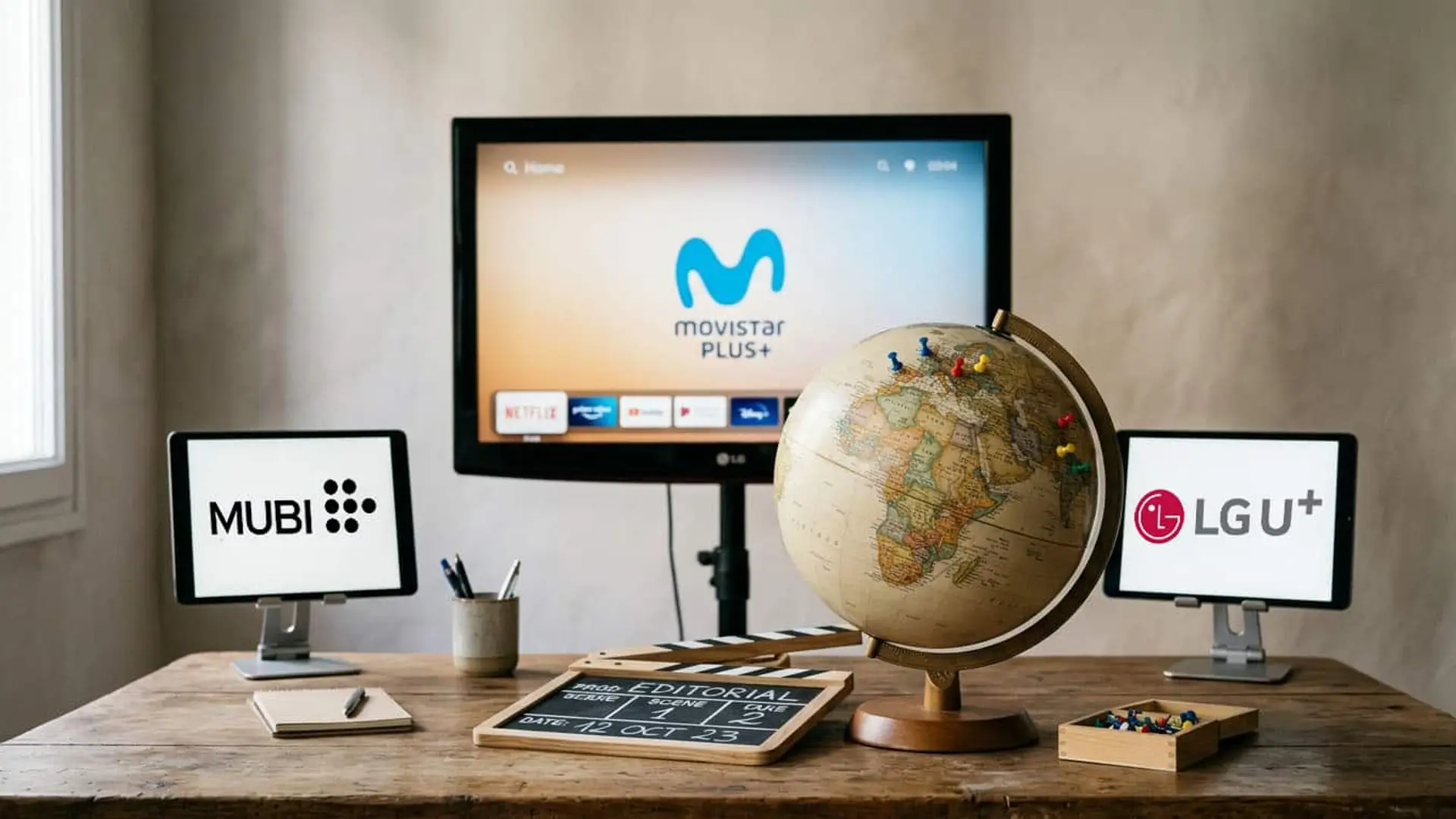 Movistar Plus vende 18 títulos originales a 14 socios en 4 continentes: qué compra cada uno Televisión con Movistar Plus+ junto a pantallas con MUBI y LG U+ y un globo terráqueo sobre una mesa