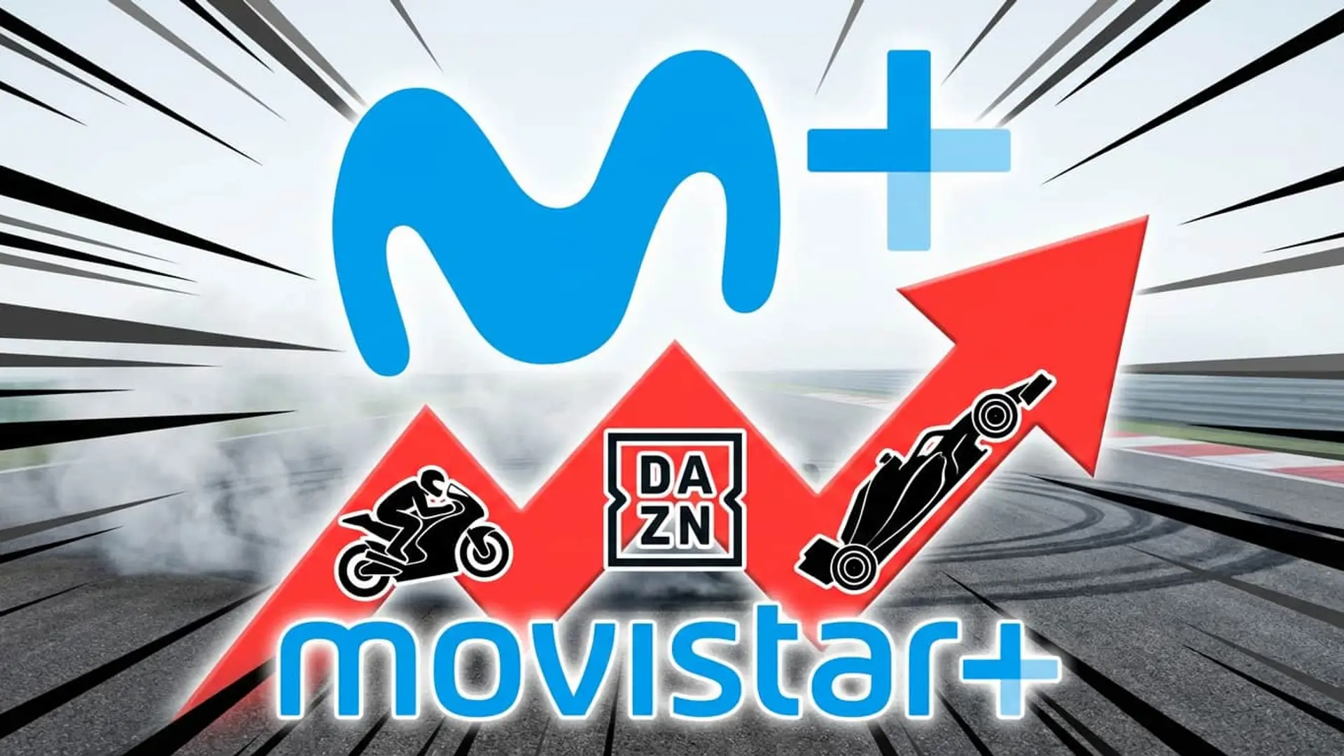 Flecha roja de subida de precios en Movistar Plus+ con logos de DAZN, F1 y MotoGP sobre circuito.