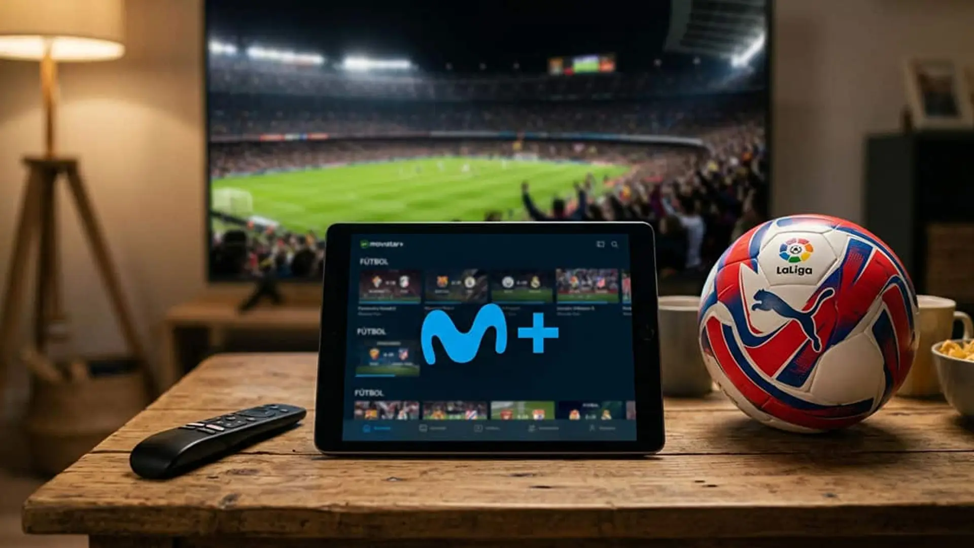 Movistar Plus ya sabe qué tres primeros partidos de LaLiga dará por menos de 10 euros: los grandes, a escena Movistar Plus+ en una tablet frente a un televisor con un partido de LaLiga y un balón de fútbol sobre la mesa
