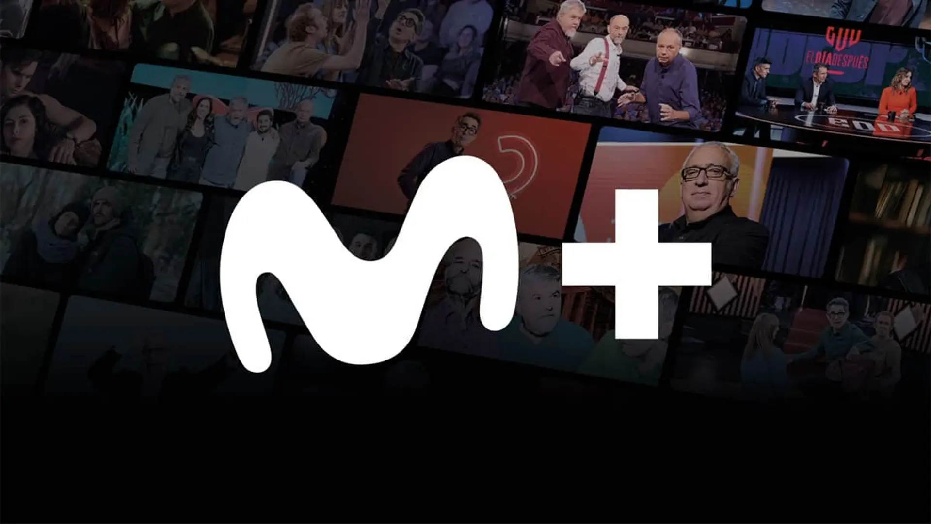 Logotipo de Movistar Plus+ sobre un mosaico de imágenes de programas y series para disfrutar de televisión en streaming.