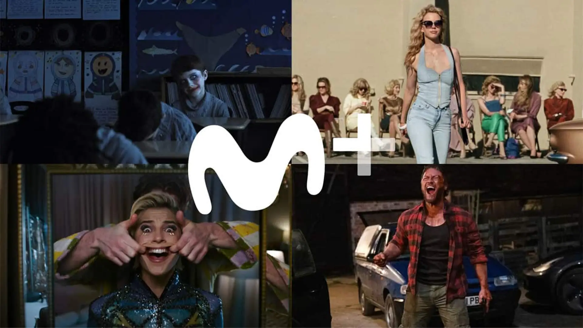 Collage de escenas de películas Weapons, Maxxxine, Smile 2 y No hables con extraños con el logo Movistar Plus+ sobreimpresionado.