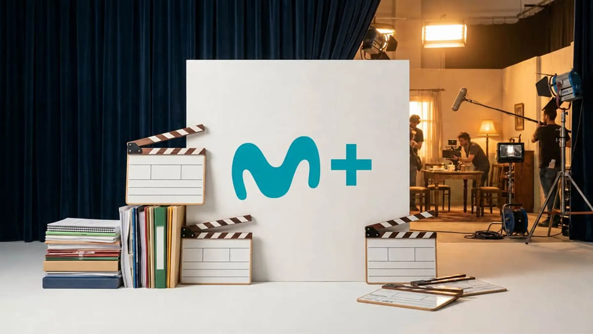 Logo de Movistar Plus en set de rodaje con claquetas, guiones y equipo de producción audiovisual