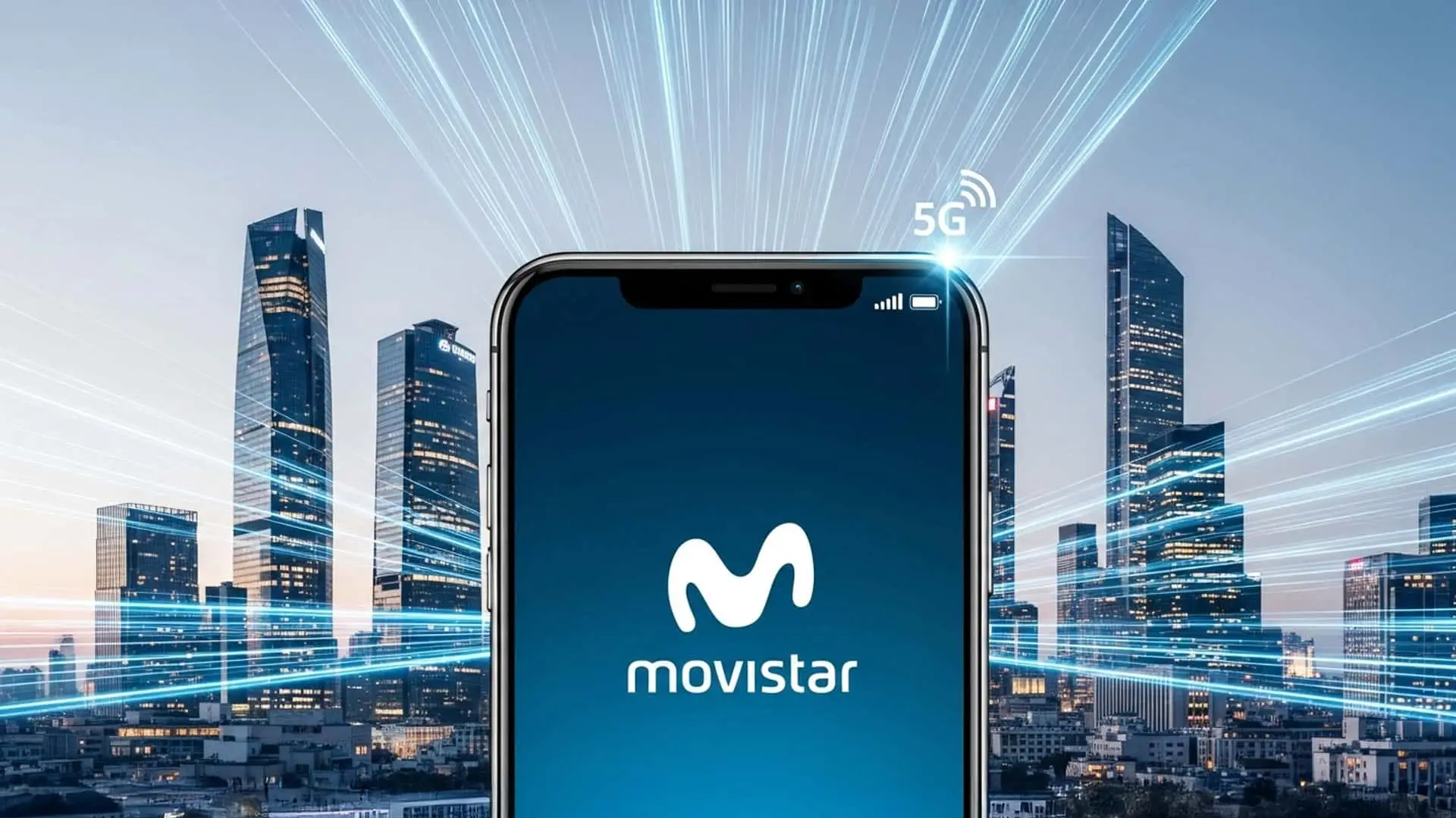 Un smartphone con el logo de Movistar en una ciudad, simbolizando la alta velocidad 5G y la cobertura móvil.