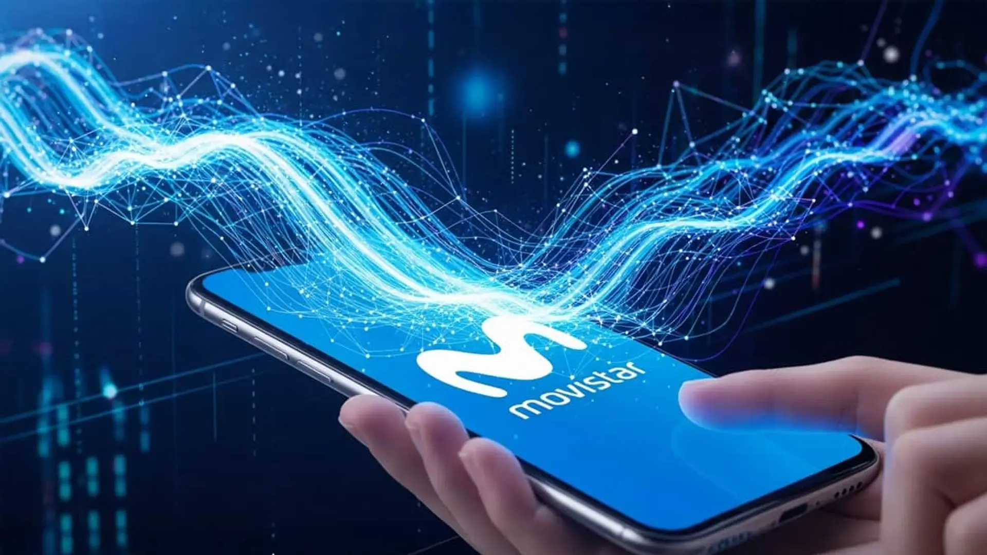 Teléfono móvil con el logotipo de Movistar mostrando ondas de conexión digital que simbolizan la velocidad de la red 5G.