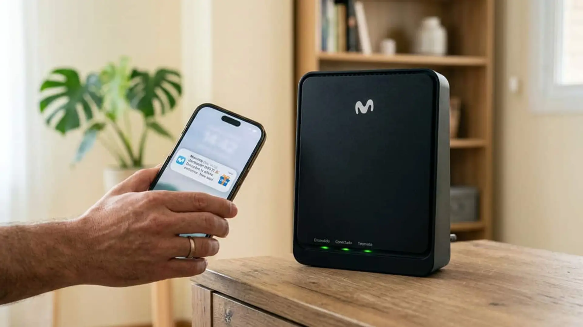 Router WiFi 7 de Movistar junto a un móvil con una notificación de activación
