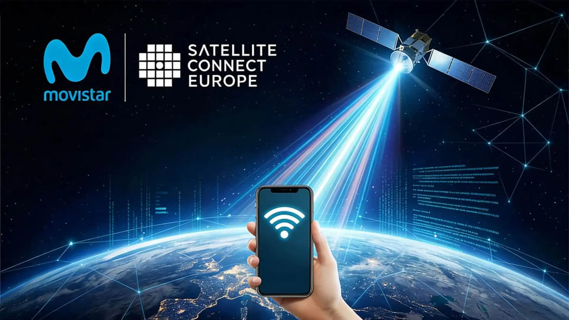 Smartphone conectado a satélites de Movistar y Satellite Connect Europe para ofrecer internet de alta velocidad global.