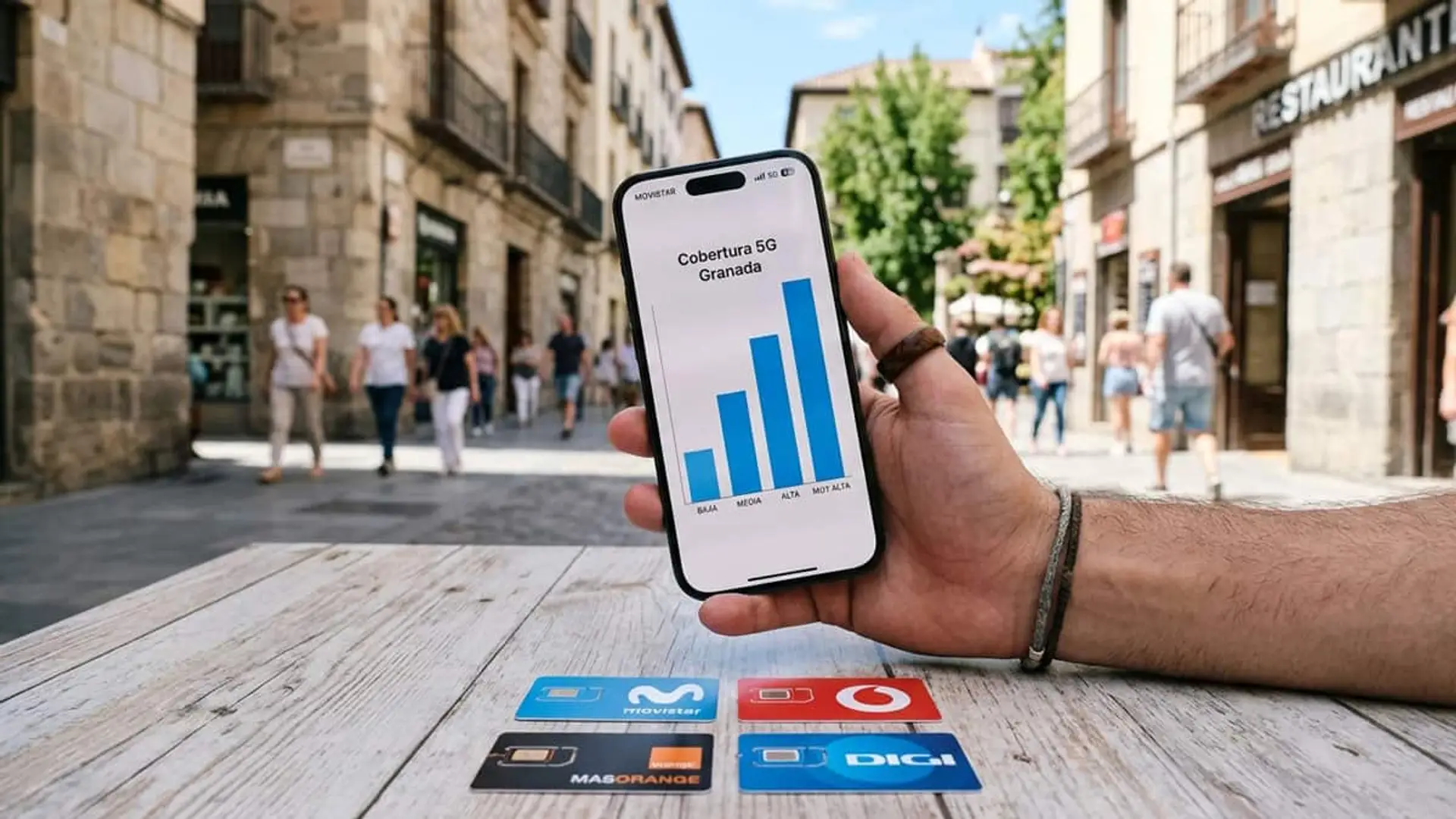 Móvil con gráfico de cobertura 5G en Granada junto a tarjetas SIM de Movistar, Vodafone, MásMóvil y Digi en una terraza.