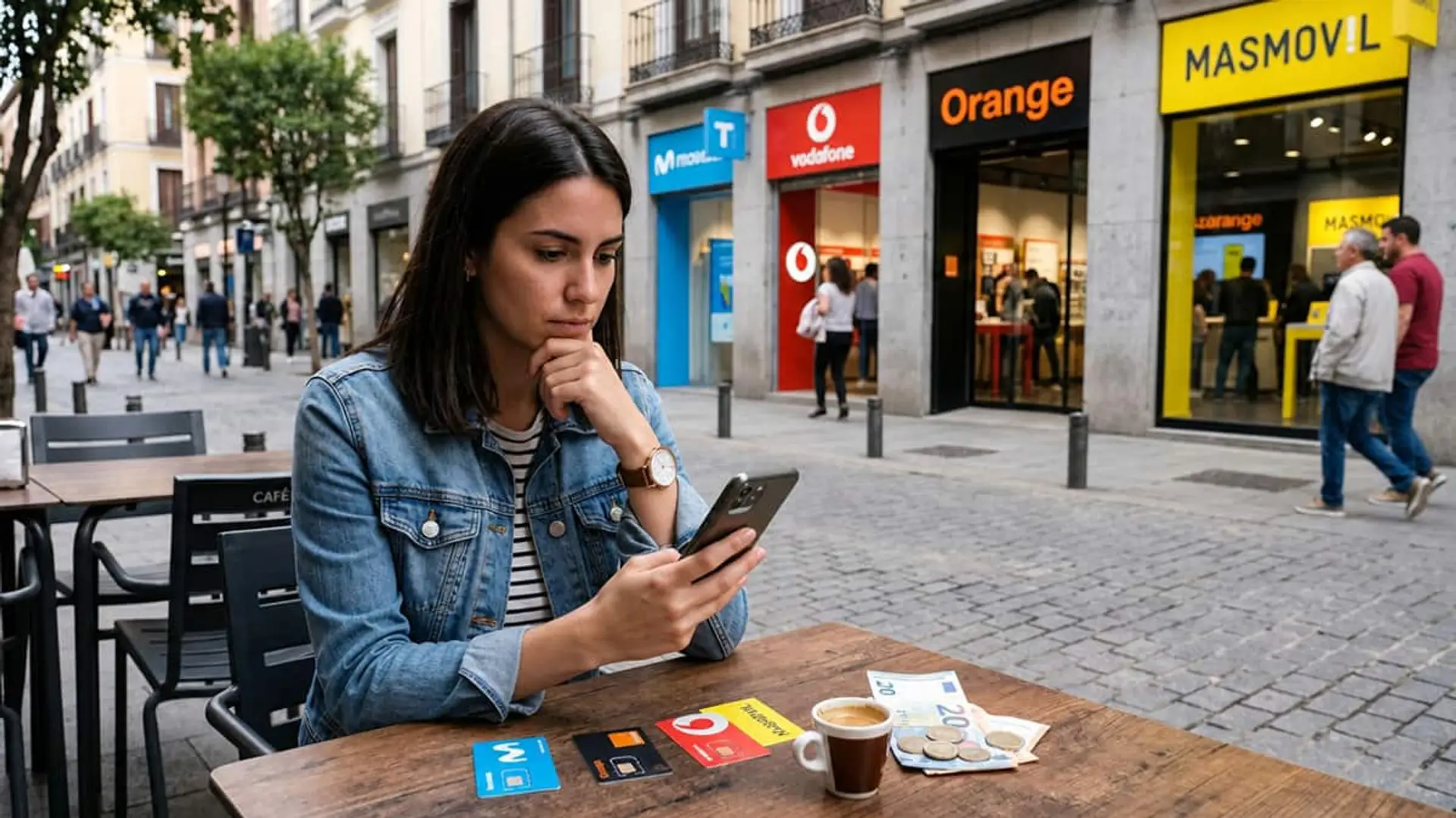 Mujer consultando el móvil en una terraza, con tarjetas SIM, monedas y billetes sobre la mesa y varias tiendas de operadoras al fondo