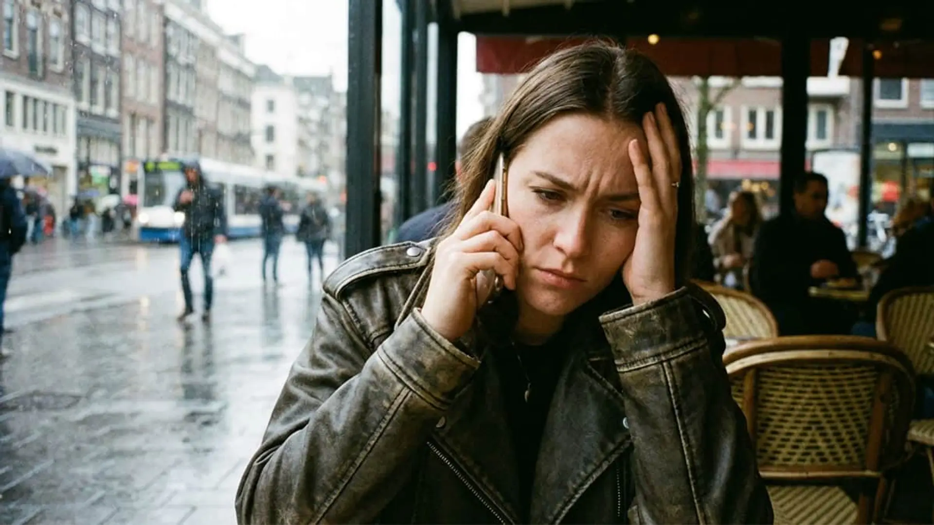Mujer joven con expresión preocupada hablando por el móvil en la terraza de un café. Recibe una mala noticia o tiene un problema.