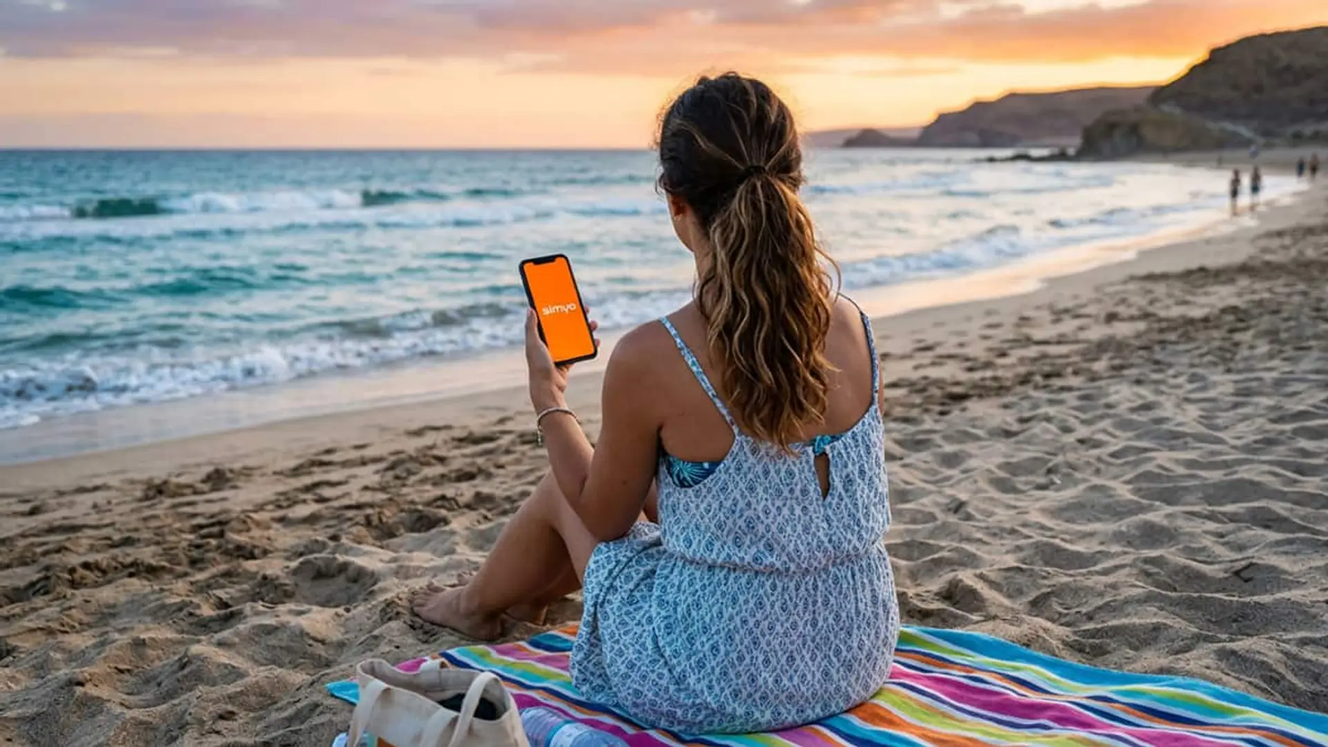 Mujer sentada en la playa al atardecer mirando un móvil con la app de Simyo en pantalla