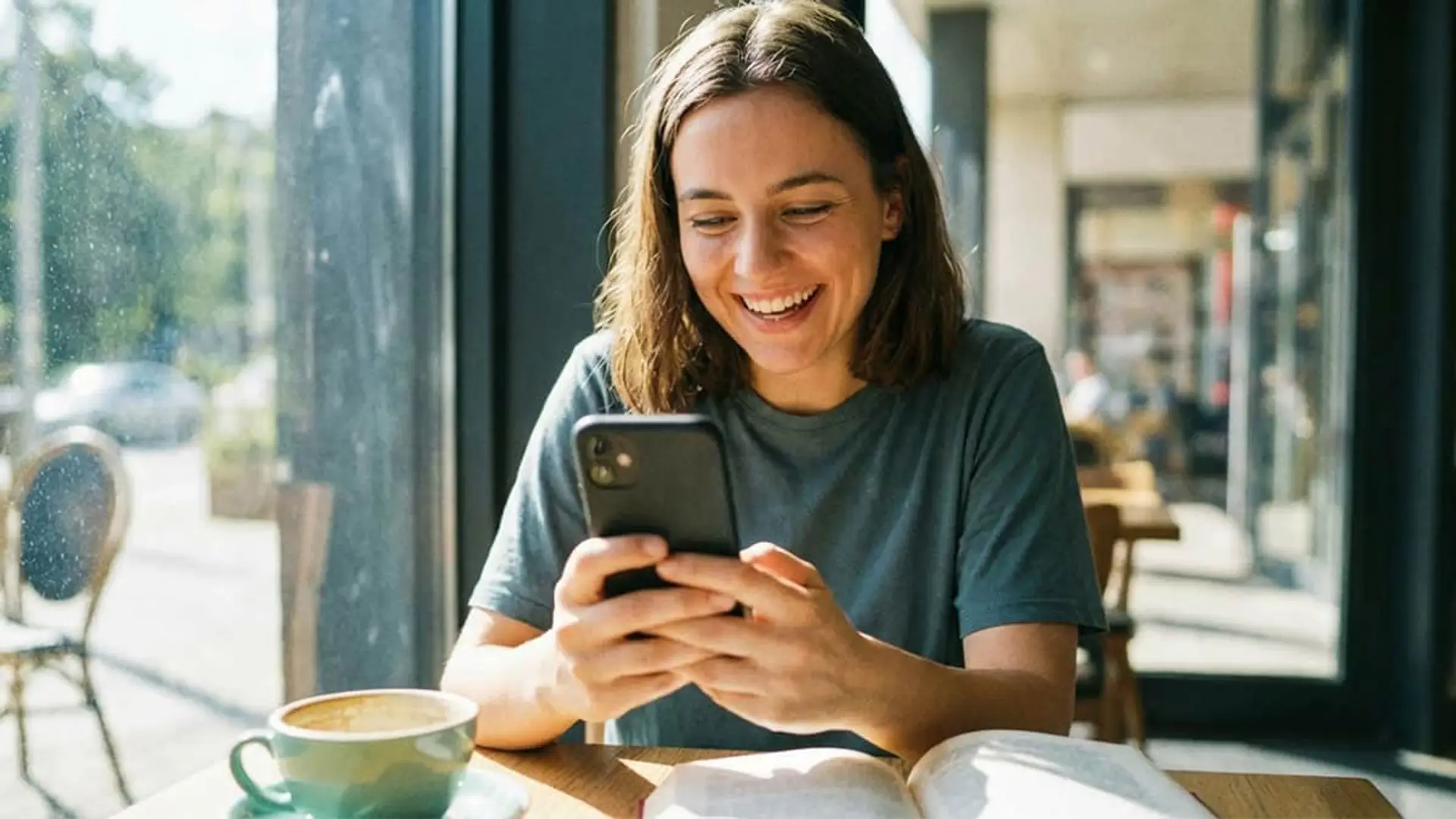 Mujer sonriente usando su móvil en una cafetería.