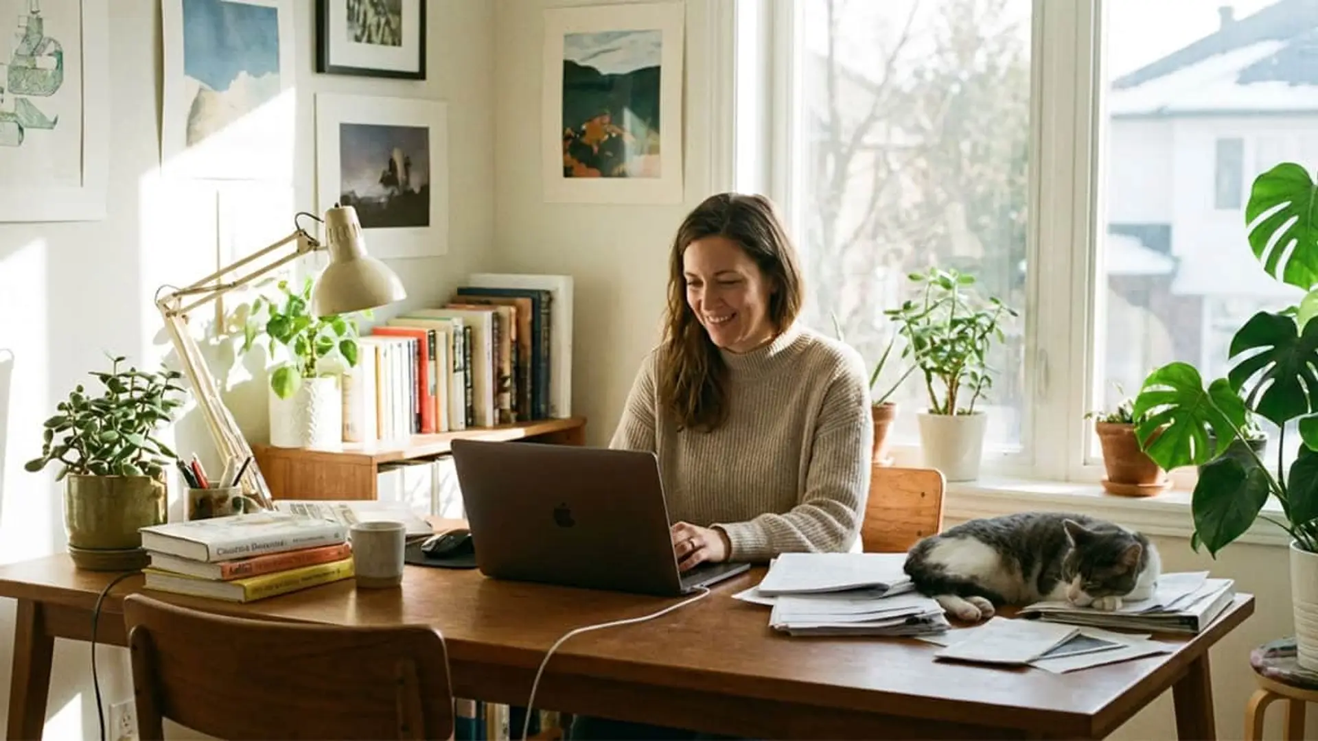 MásMóvil se aleja del low cost y elimina esta tarifa de fibra barata Mujer sonriente teletrabajando con su portátil en un despacho luminoso. Su gato duerme a su lado sobre la mesa.