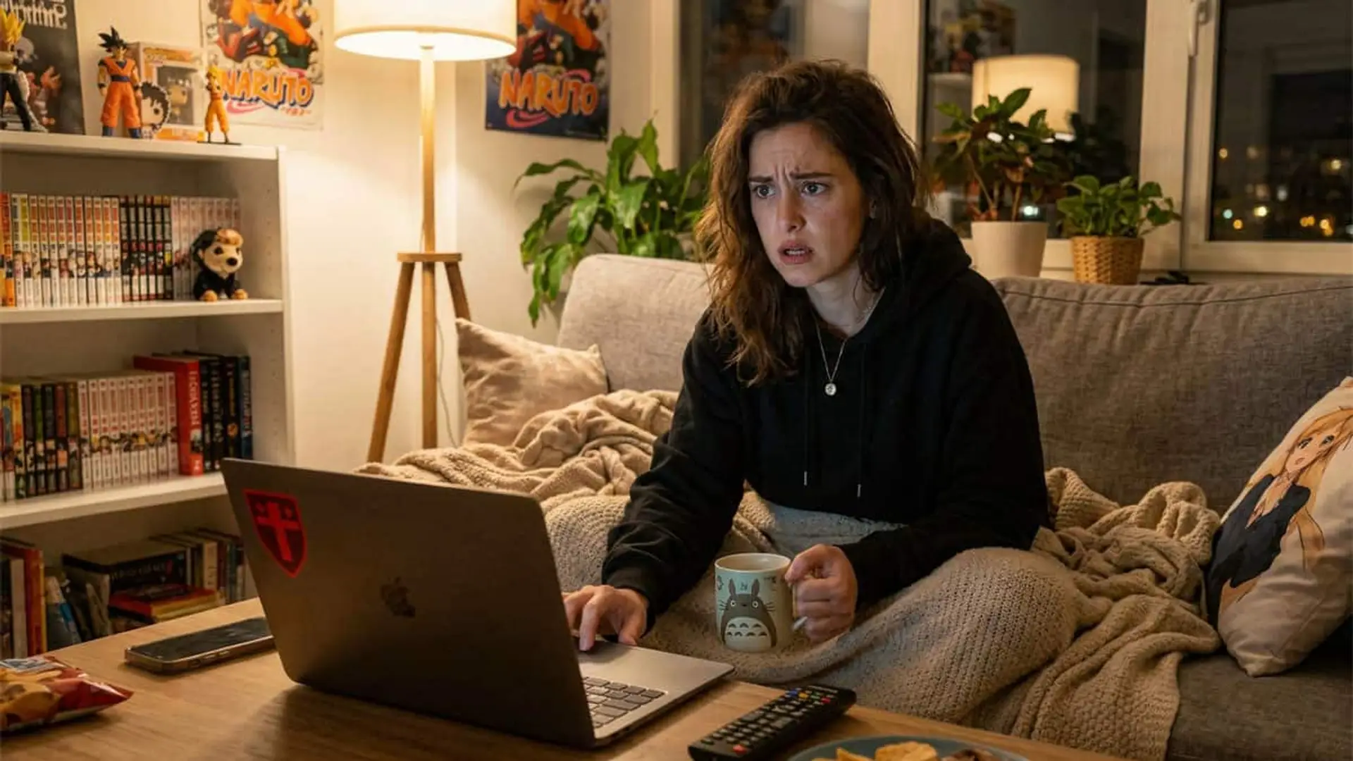 Mujer viendo anime en su portátil en casa con gesto de preocupación en el rostro.