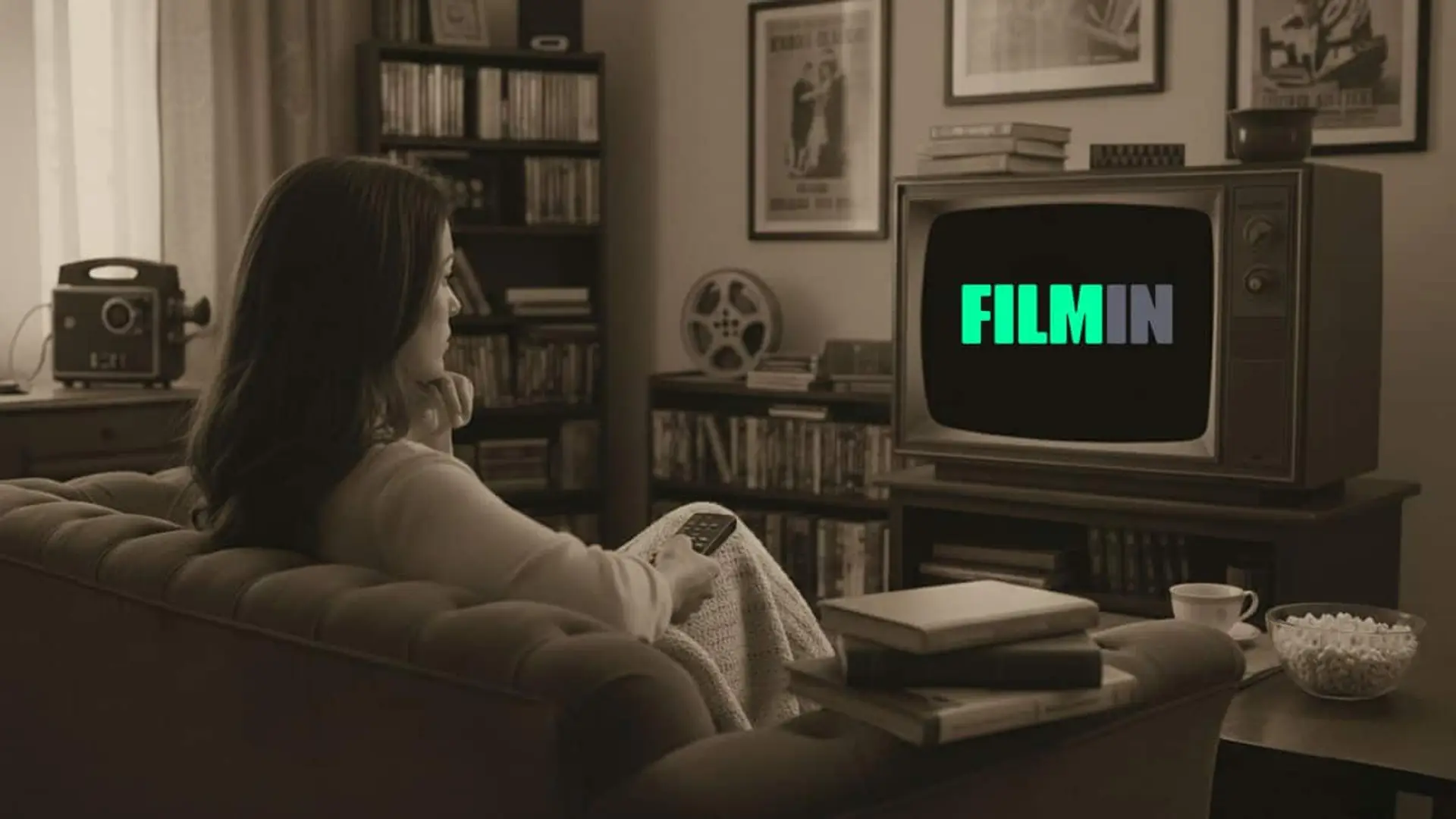 Mujer viendo Filmin en un televisor retro dentro de un salón de estilo clásico.