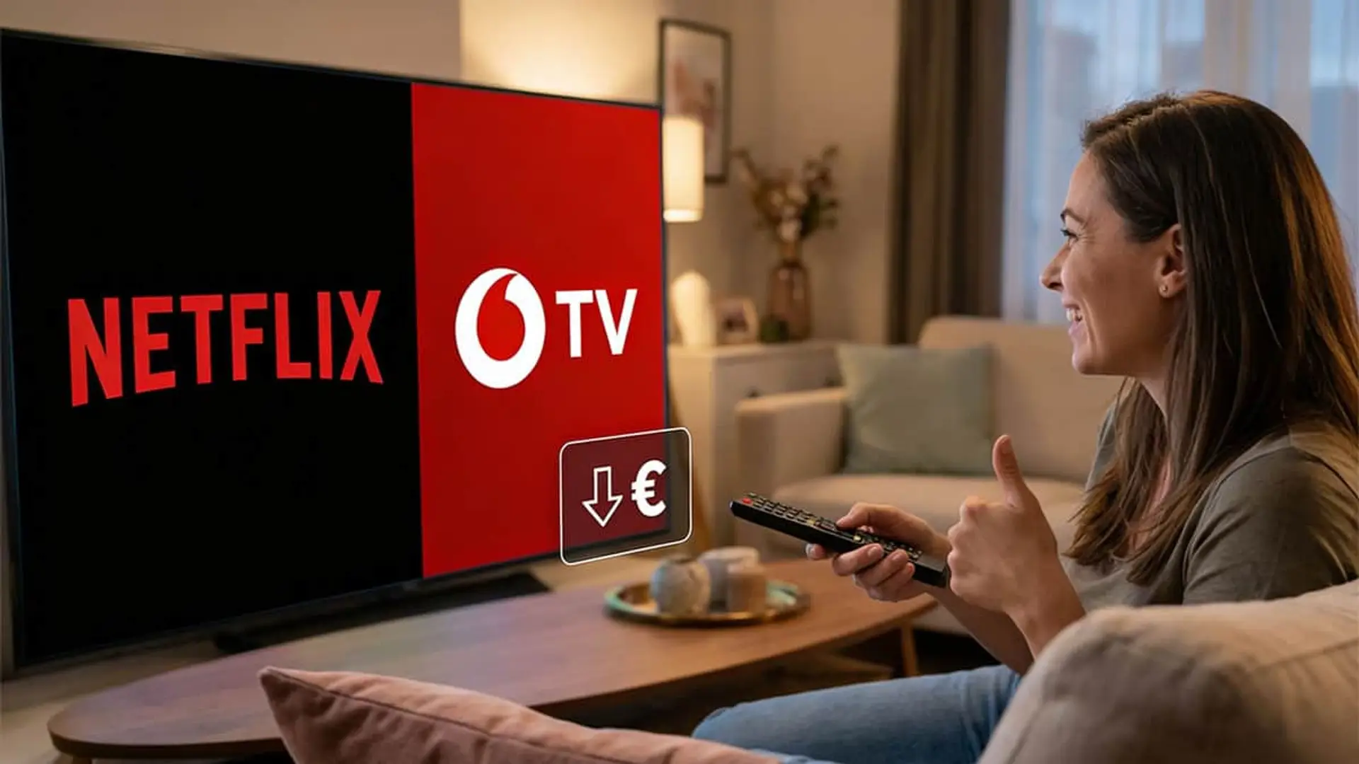 Bajada de precios de Netflix en Vodafone TV: mujer celebrando la oferta ante el televisor en su salón.