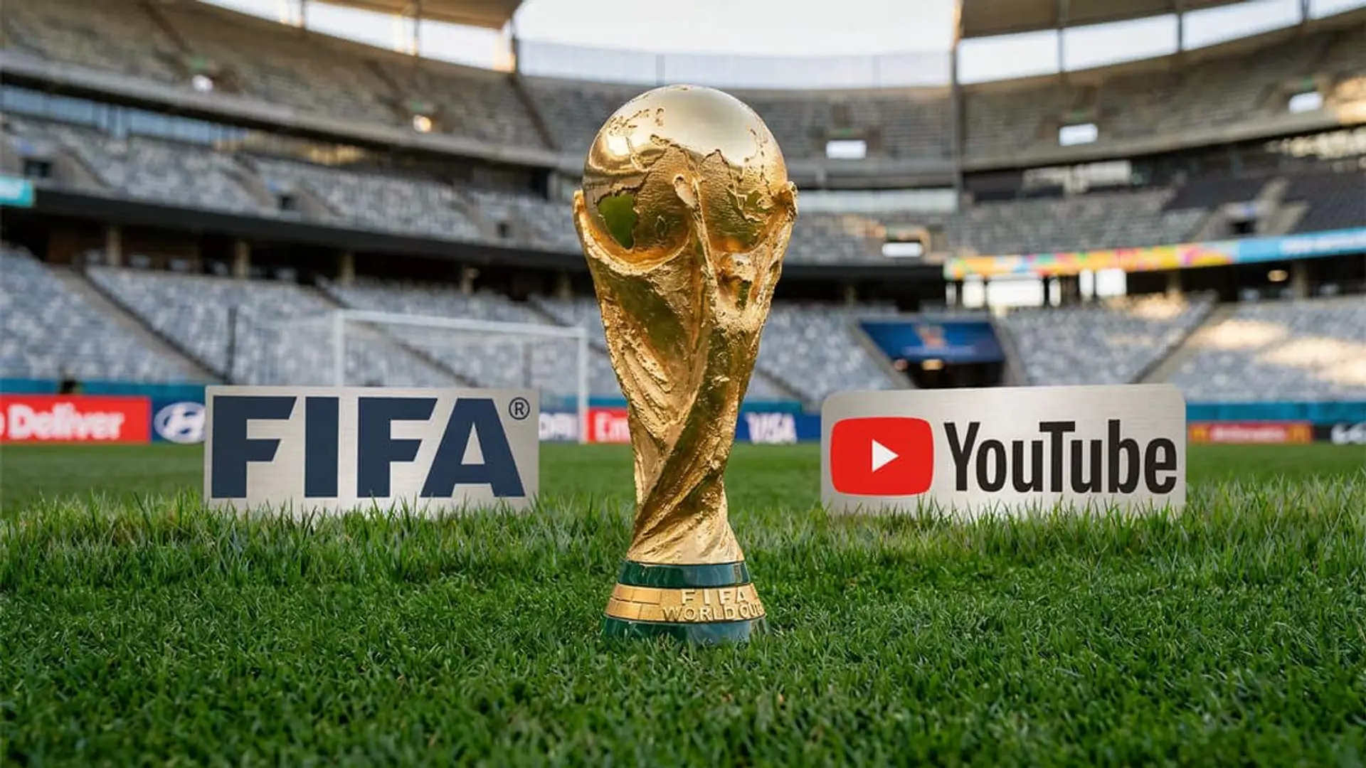 Mundial 2026 en YouTube: esto es lo que verás gratis y lo que tendrás que pagar en España Trofeo de la Copa Mundial sobre el césped de un estadio de fútbol y con los logos de Youtube y FIFA a los lados.