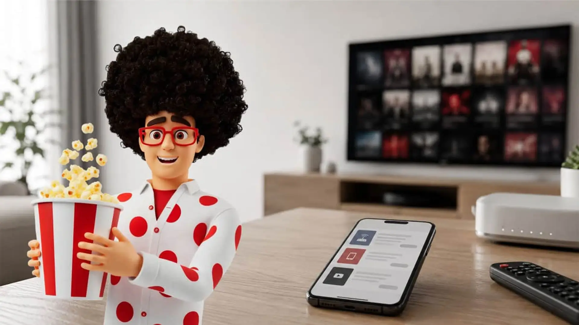 Pepephone traslada la subida de Netflix: estas son las tarifas que cambian el 1 de julio Muñeco con palomitas frente a TV y móvil, ilustrando streaming y entretenimiento en casa