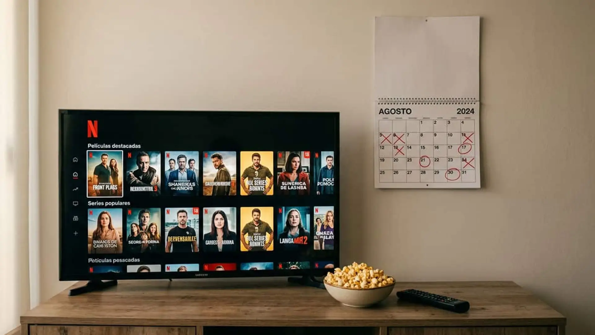 Netflix estrena en agosto 18 series y 15 películas, con Robert De Niro como gran protagonista Televisión con el catálogo de Netflix junto a un calendario de agosto, un cuenco de palomitas y un mando a distancia