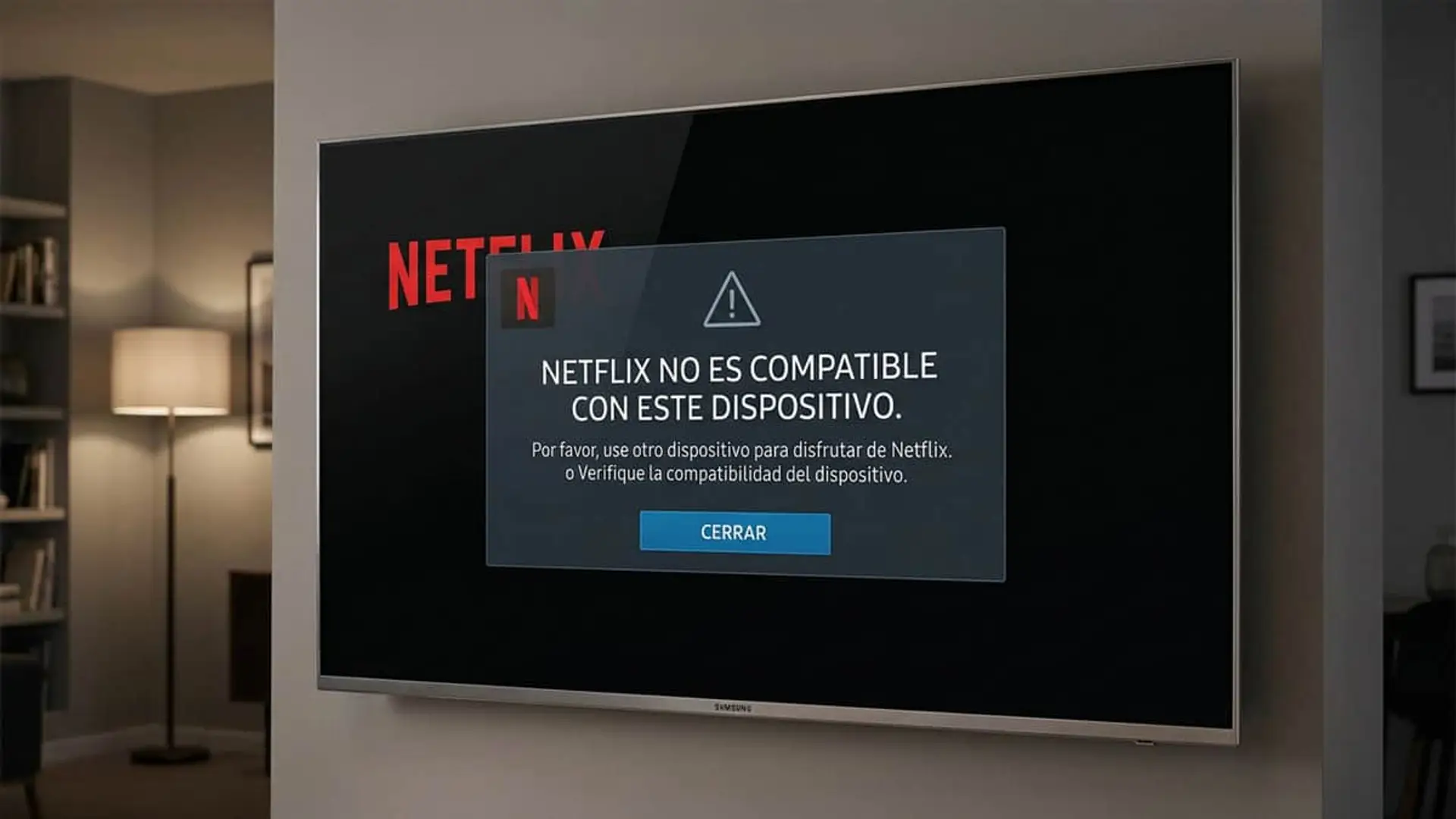Mensaje de error en Smart TV indicando que Netflix no es compatible con el dispositivo para ver cine en streaming.