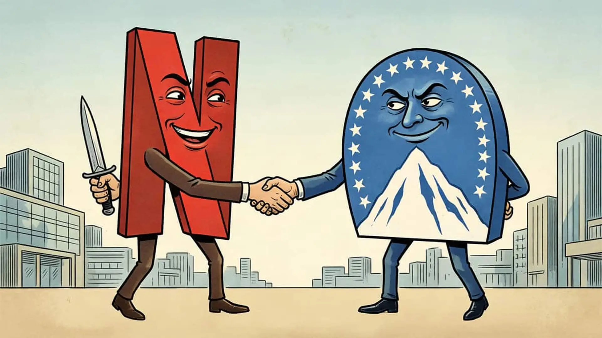 Ilustración satírica de los logos de Netflix y Paramount estrechándose la mano, simbolizando un acuerdo entre plataformas de streaming rivales.