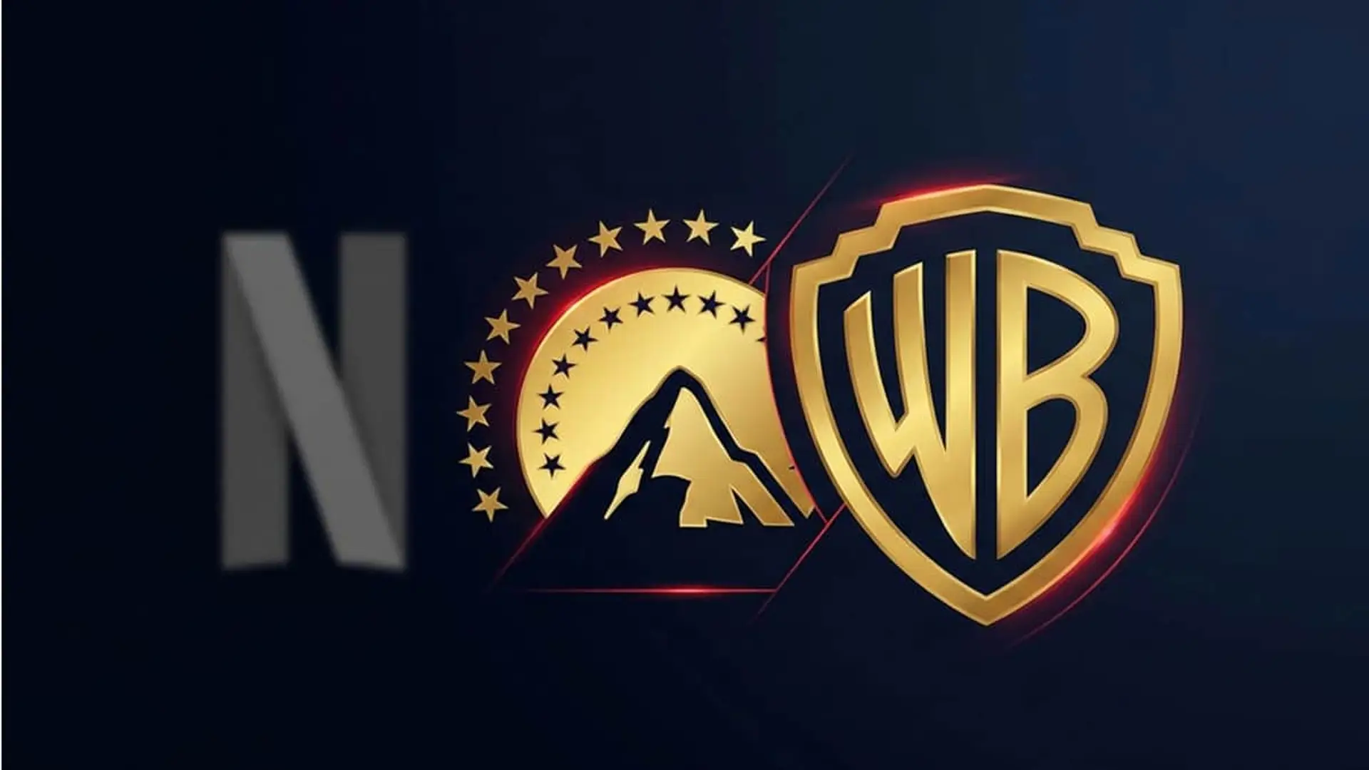 Netflix junto a logos de Paramount y Warner Bros sobre fondo azul oscuro