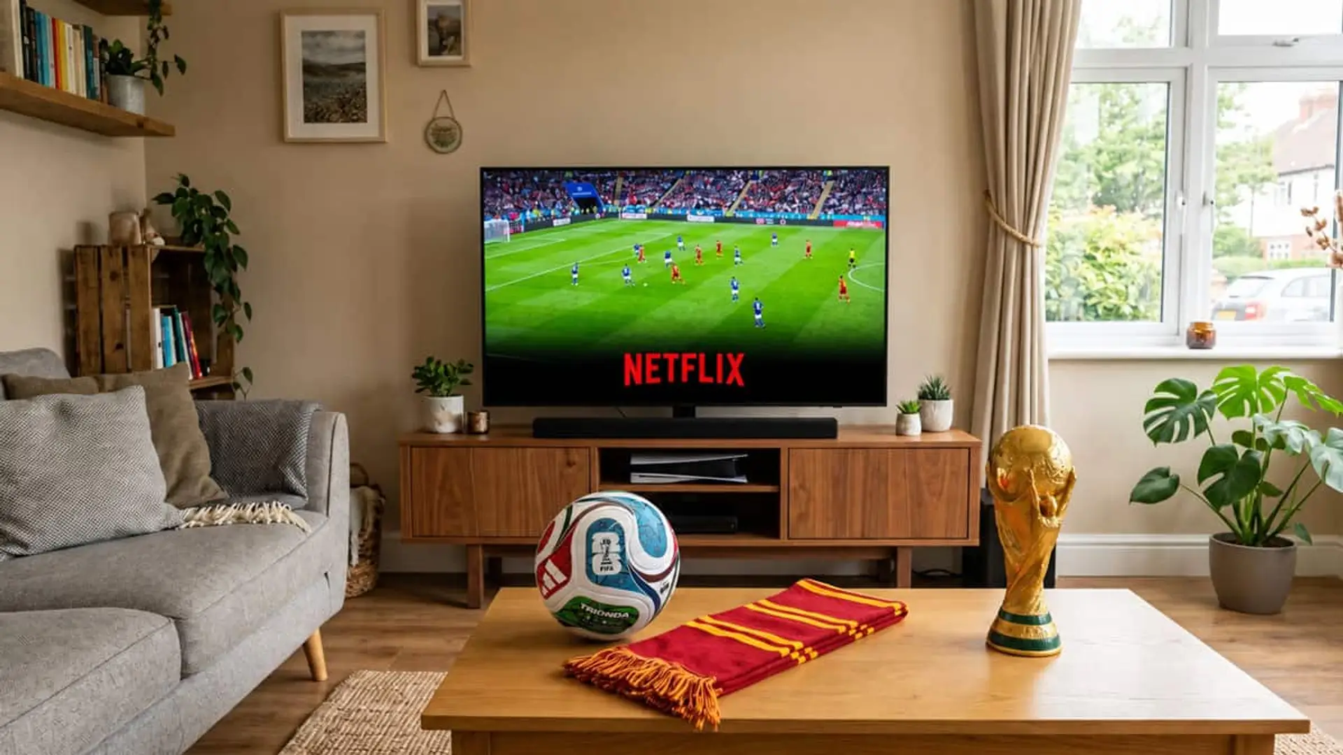 Netflix emitirá los 104 partidos del Mundial 2030 en España, con uno gratis por jornada Televisor con un partido de fútbol y el logotipo de Netflix en un salón, con un balón, una bufanda roja y amarilla y una réplica de la Copa del Mundo sobre la mesa.
