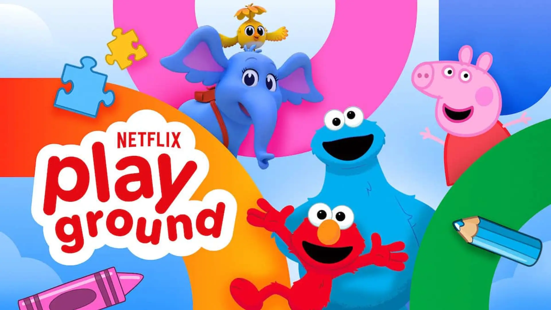 Cartel de Netflix Playground con personajes infantiles como Peppa Pig y Elmo para disfrutar de juegos.