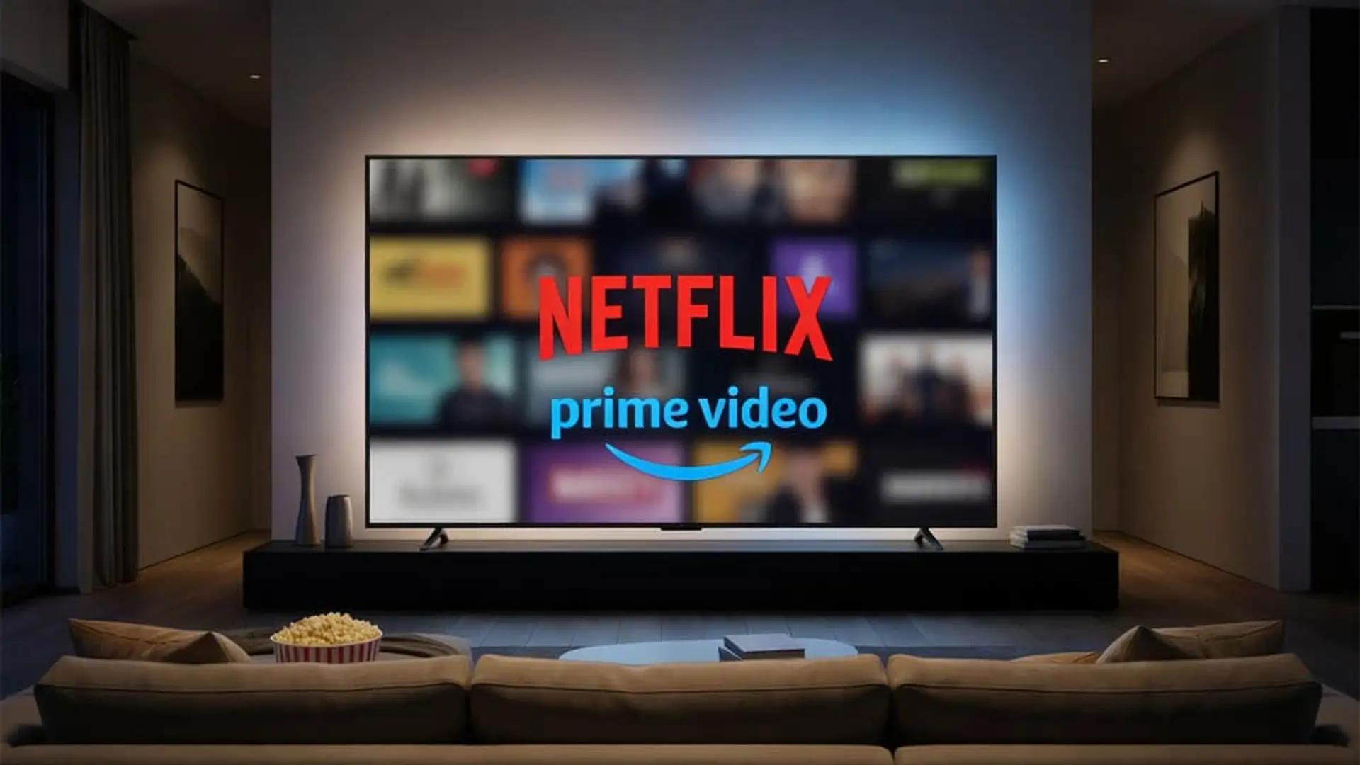Smart TV con logos de Netflix y Amazon Prime Video en un salón para ver cine y series en streaming.