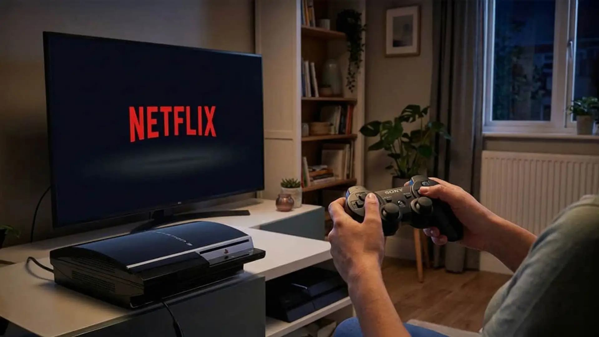 Persona usando mando de PlayStation 3 frente a televisión con Netflix para streaming de películas y series.