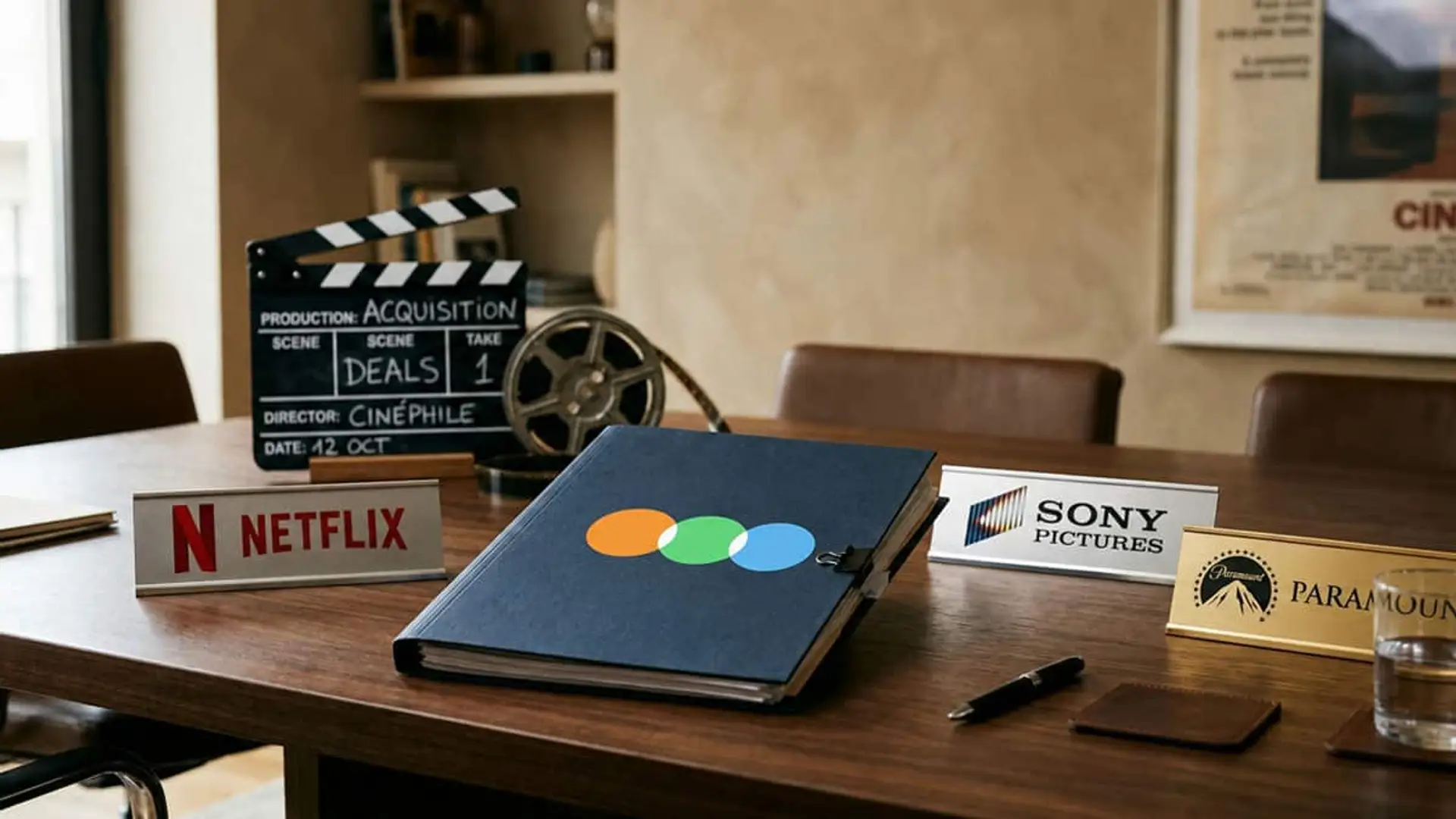 Netflix, Sony y Paramount pujan por Letterboxd: 250 millones por la red social de los cinéfilos Logos de Netflix, Sony Pictures y Paramount sobre una mesa junto a una carpeta de Letterboxd, una claqueta y un rollo de película