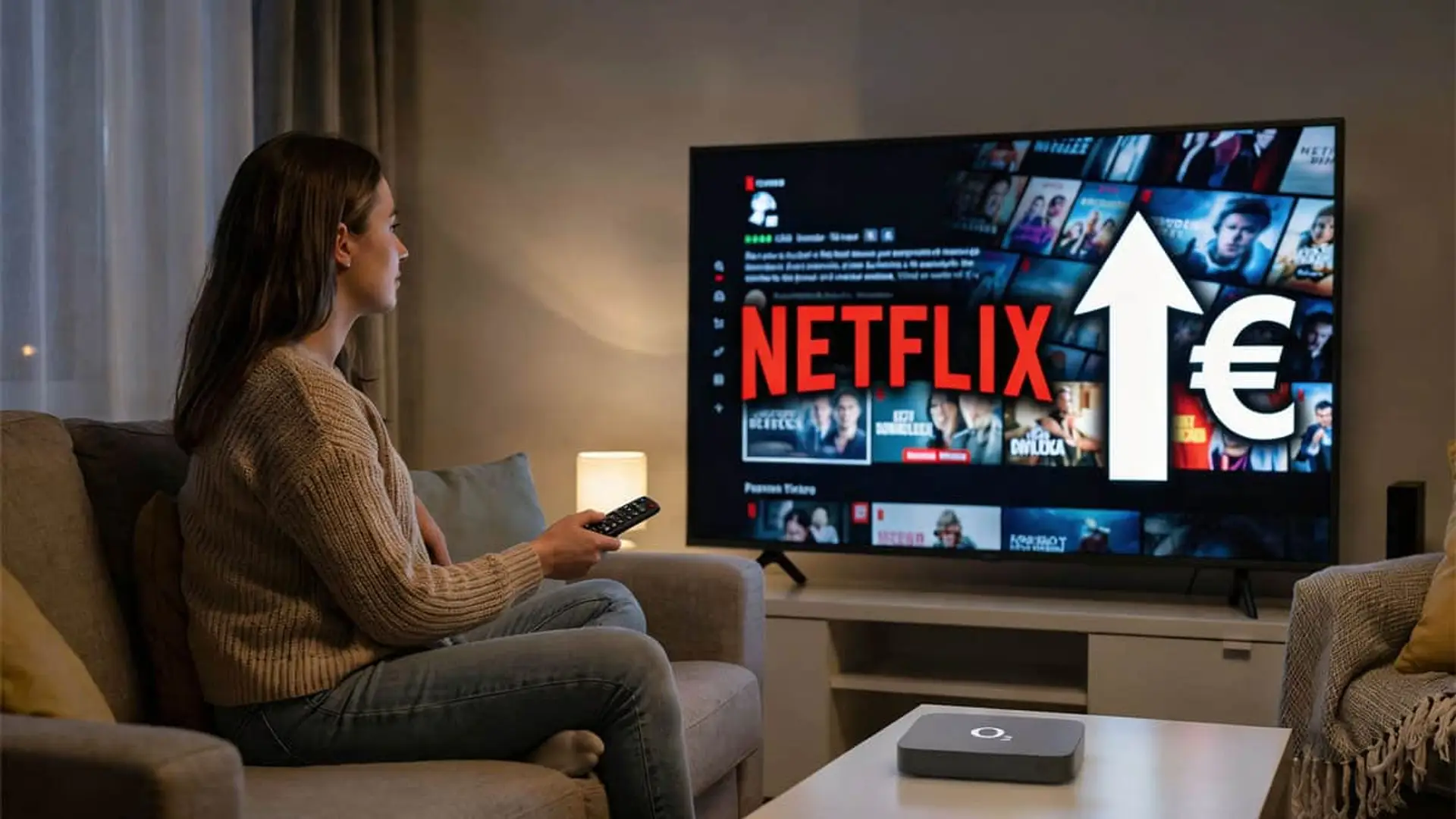 Subida de precios de Netflix en O2: mujer con mando ante el televisor e icono de euro al alza.