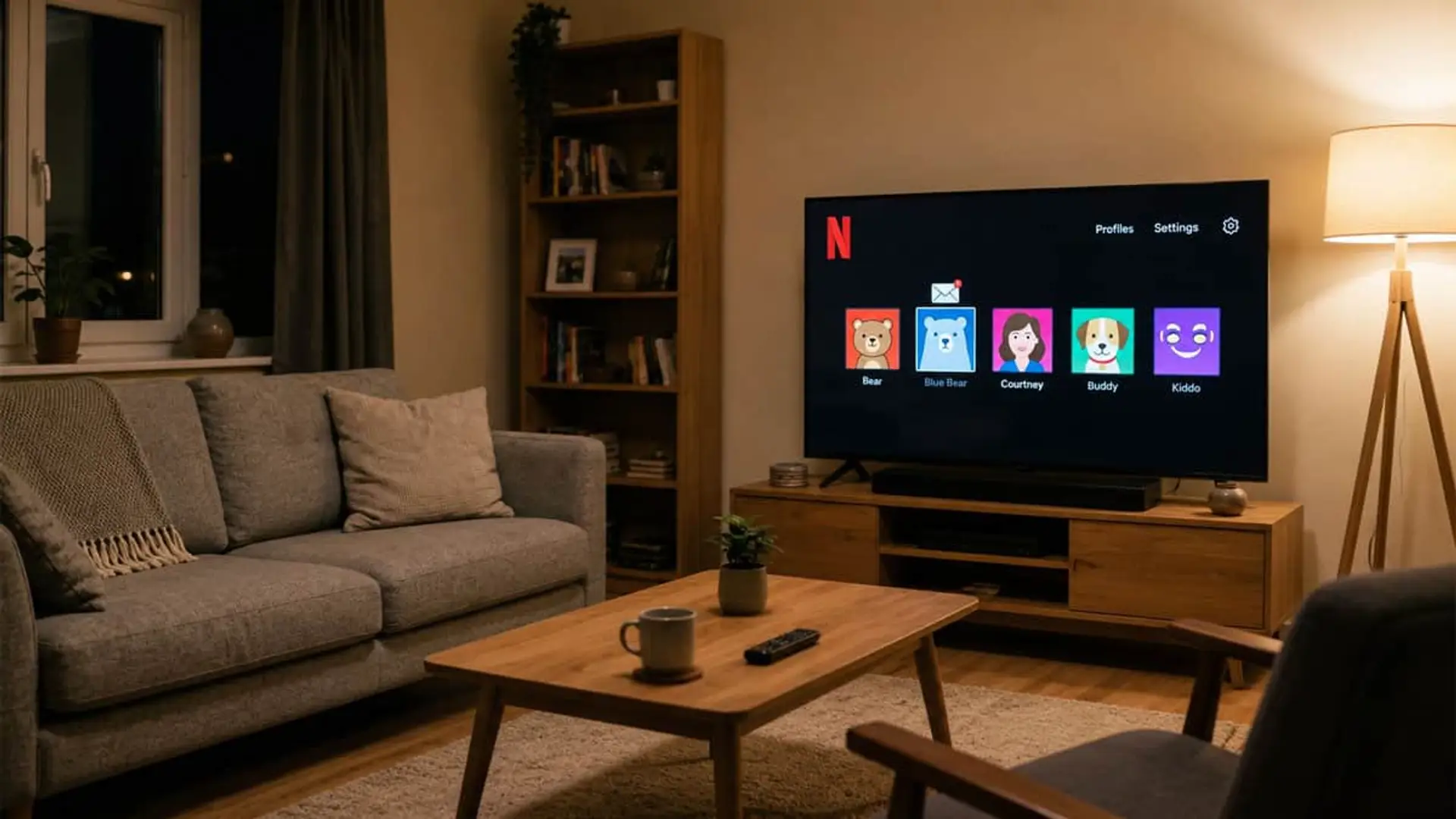 Netflix lo confirma: cada perfil necesita su propio correo para iniciar sesión Salón con Netflix en televisión mostrando perfiles de usuario en ambiente acogedor