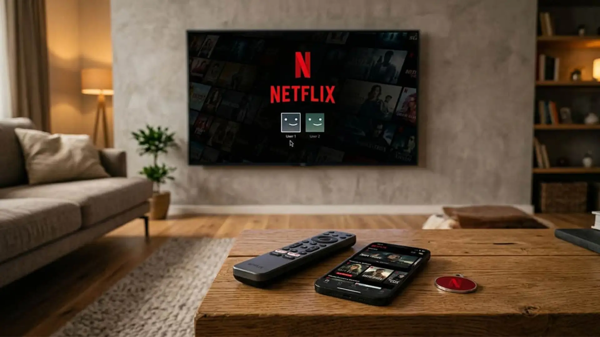 La prueba gratis de Netflix está de vuelta: así puedes acceder TV con Netflix en sala, control remoto y móvil sobre mesa de madera