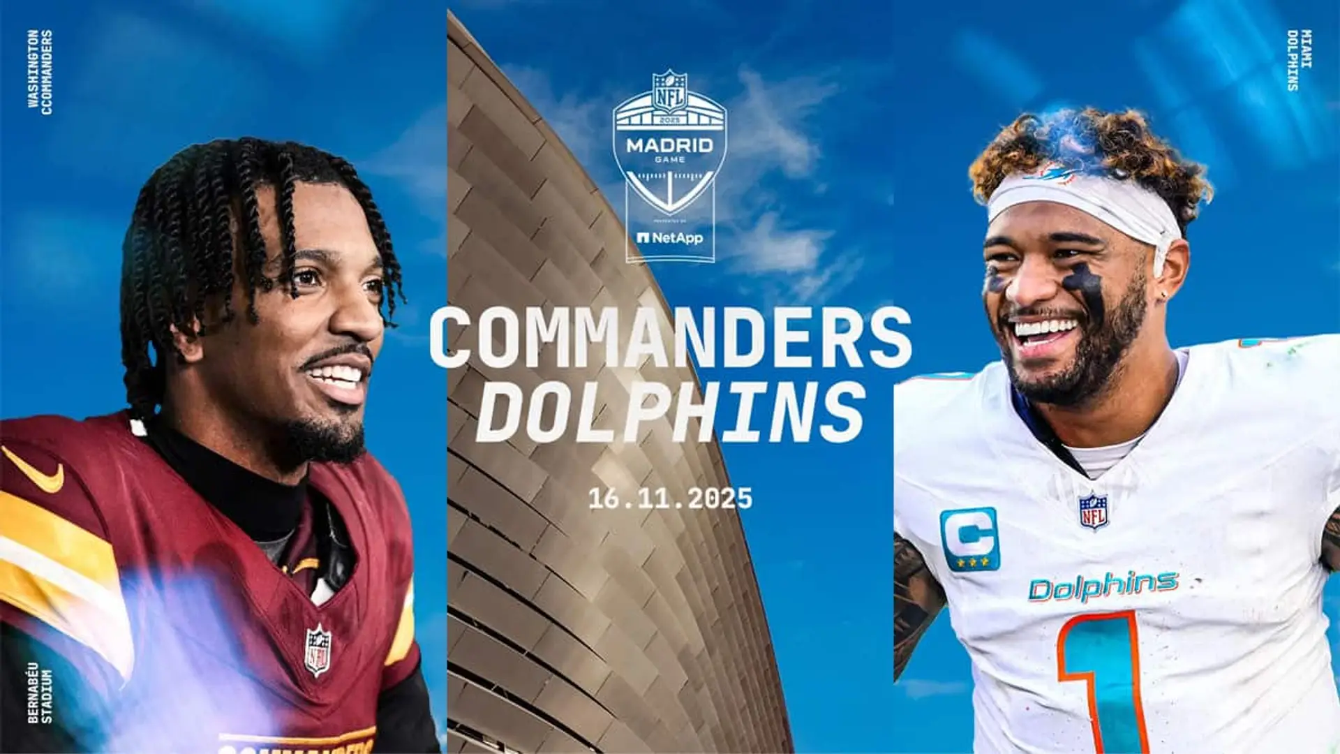 Imagen promocional del NFL Madrid Game 2025 con jugadores de Washington Commanders y Miami Dolphins frente al estadio Santiago Bernabéu.