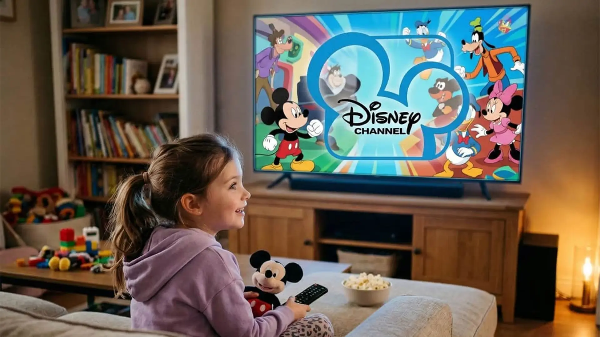 Niña con peluche de Mickey Mouse viendo Disney Channel en la Smart TV de su salón para disfrutar de cine infantil.