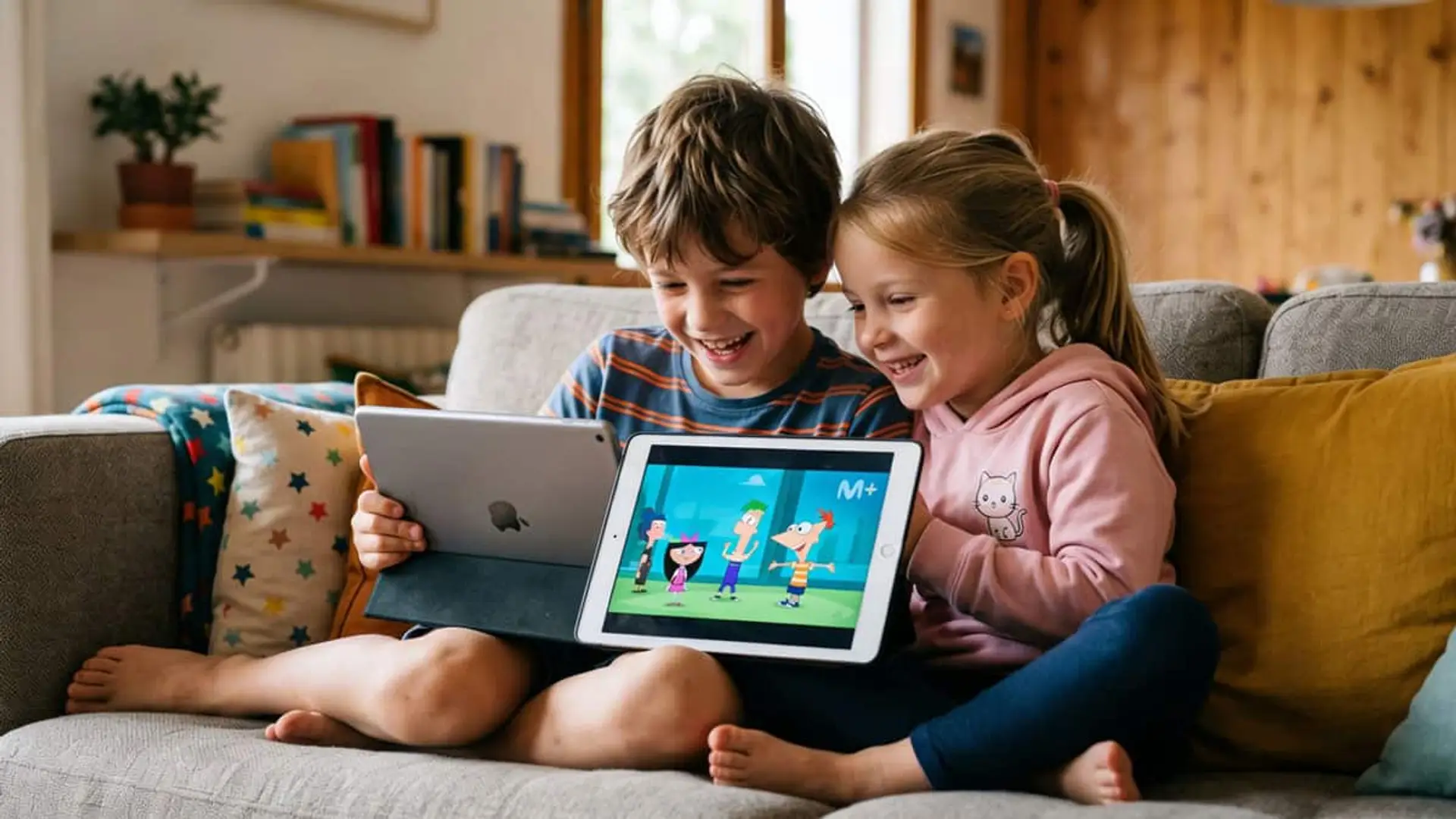 Dos niños viendo dibujos animados en una tablet con contenido infantil de Movistar Plus+.
