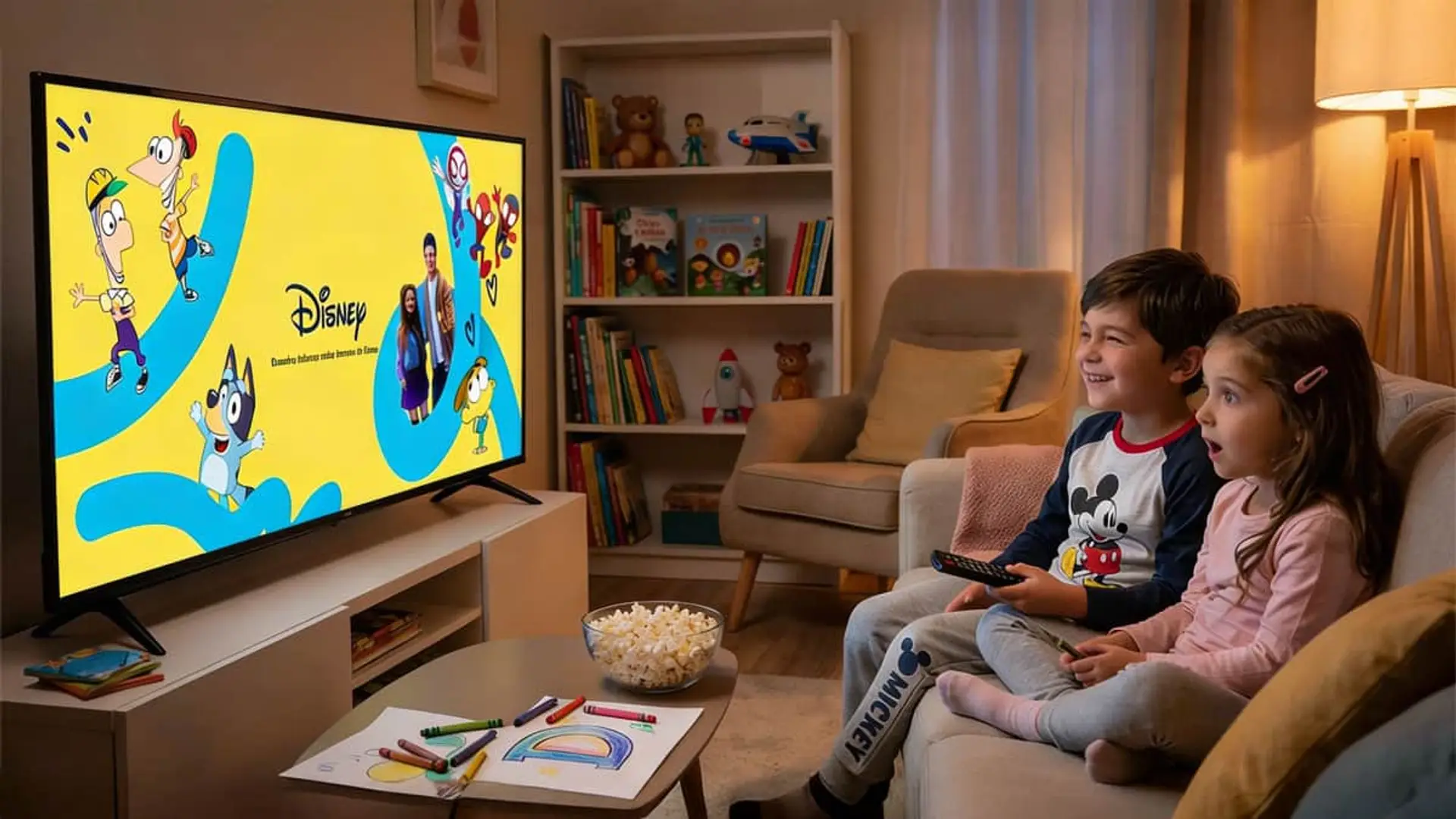 Niños viendo dibujos de Disney en una Smart TV para disfrutar de cine infantil en streaming desde el sofá de su hogar.