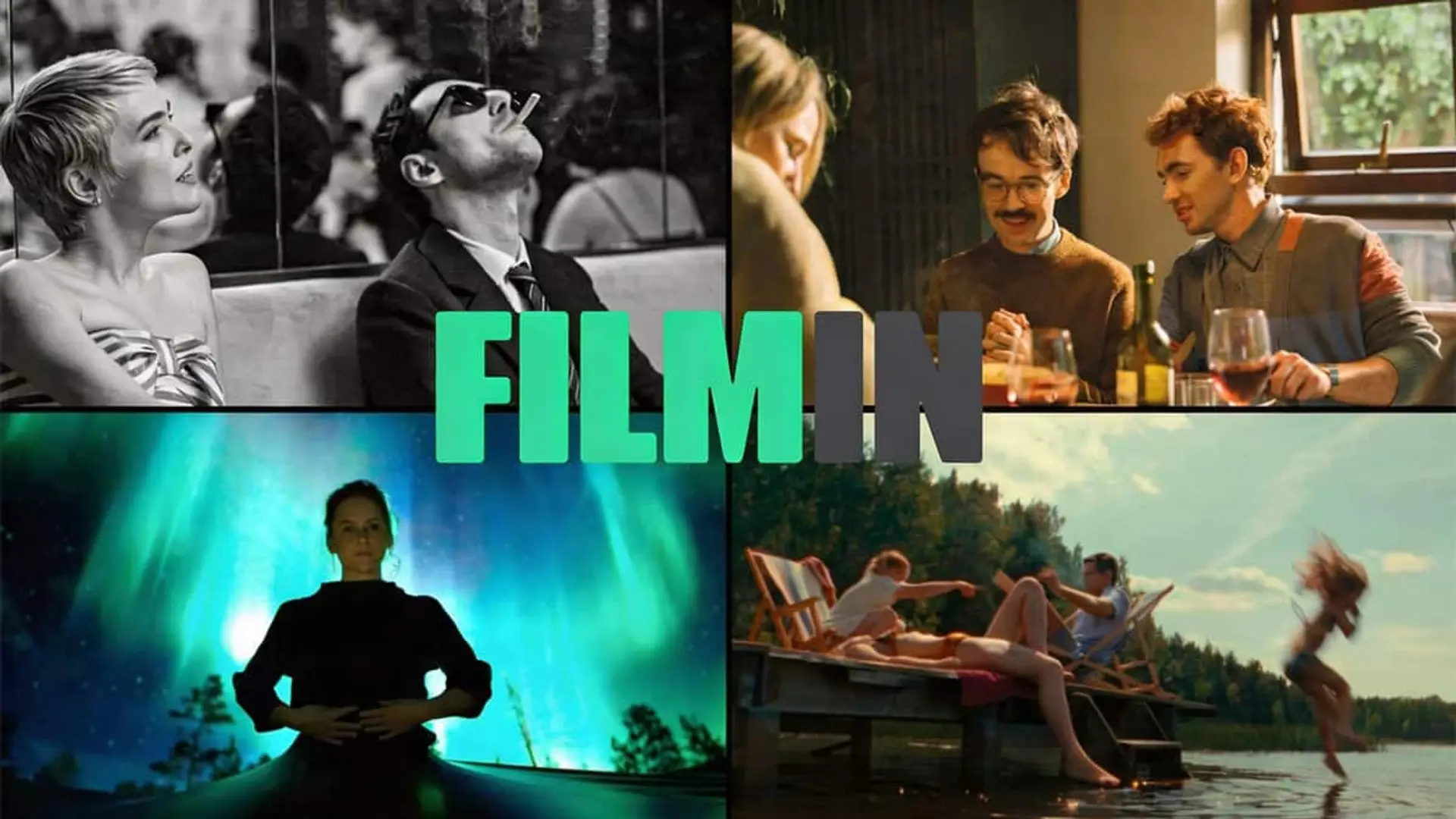 Fotogramas de las películas y series Nouvelle Vague, Leonard y Hungry Paul, La extraordinaria Miss Flower y La cronologia del agua con el logo de Filmin