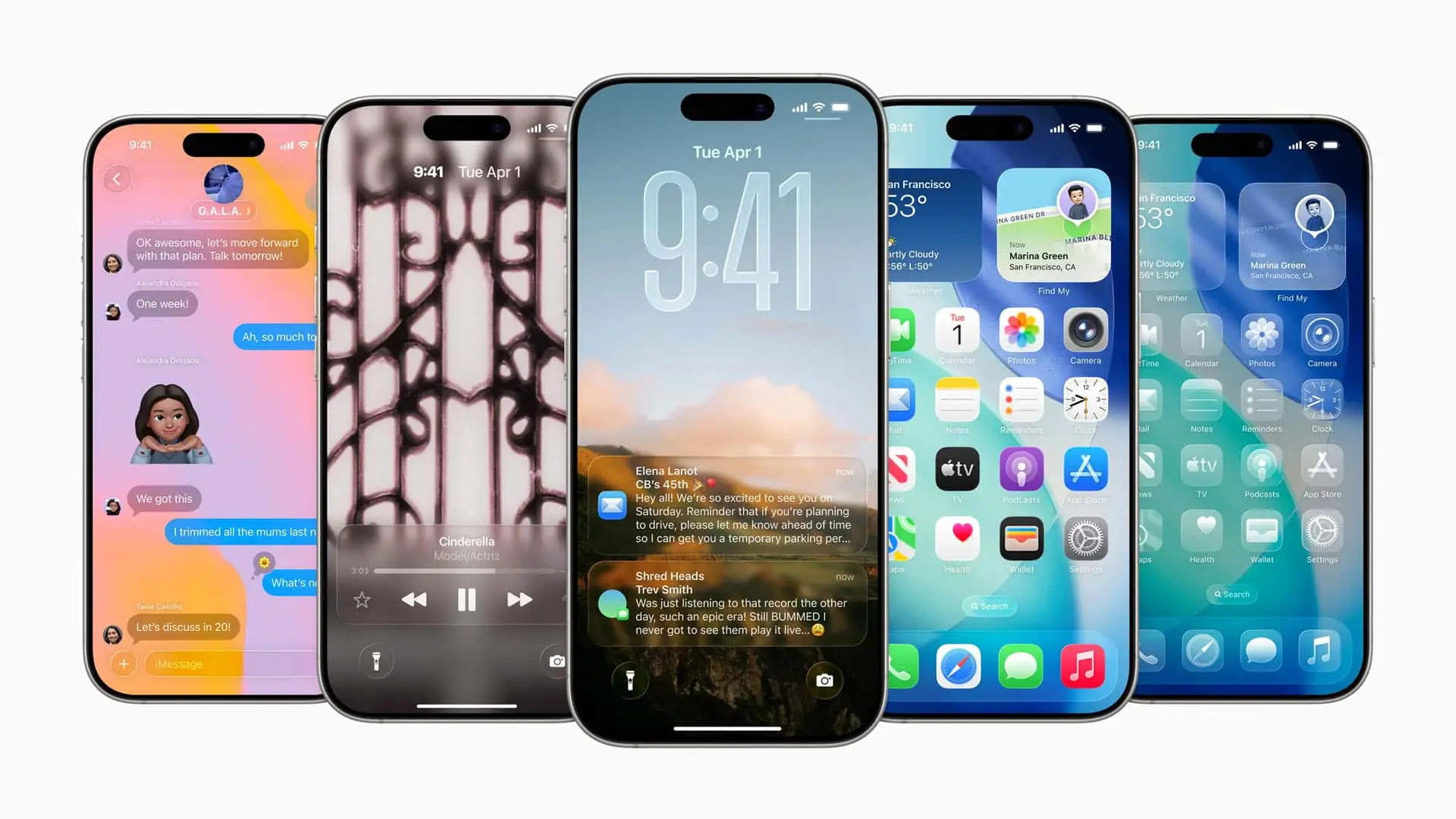 Varios iPhones mostrando las nuevas funciones de la interfaz de iOS: pantalla de bloqueo personalizada, widgets y notificaciones.