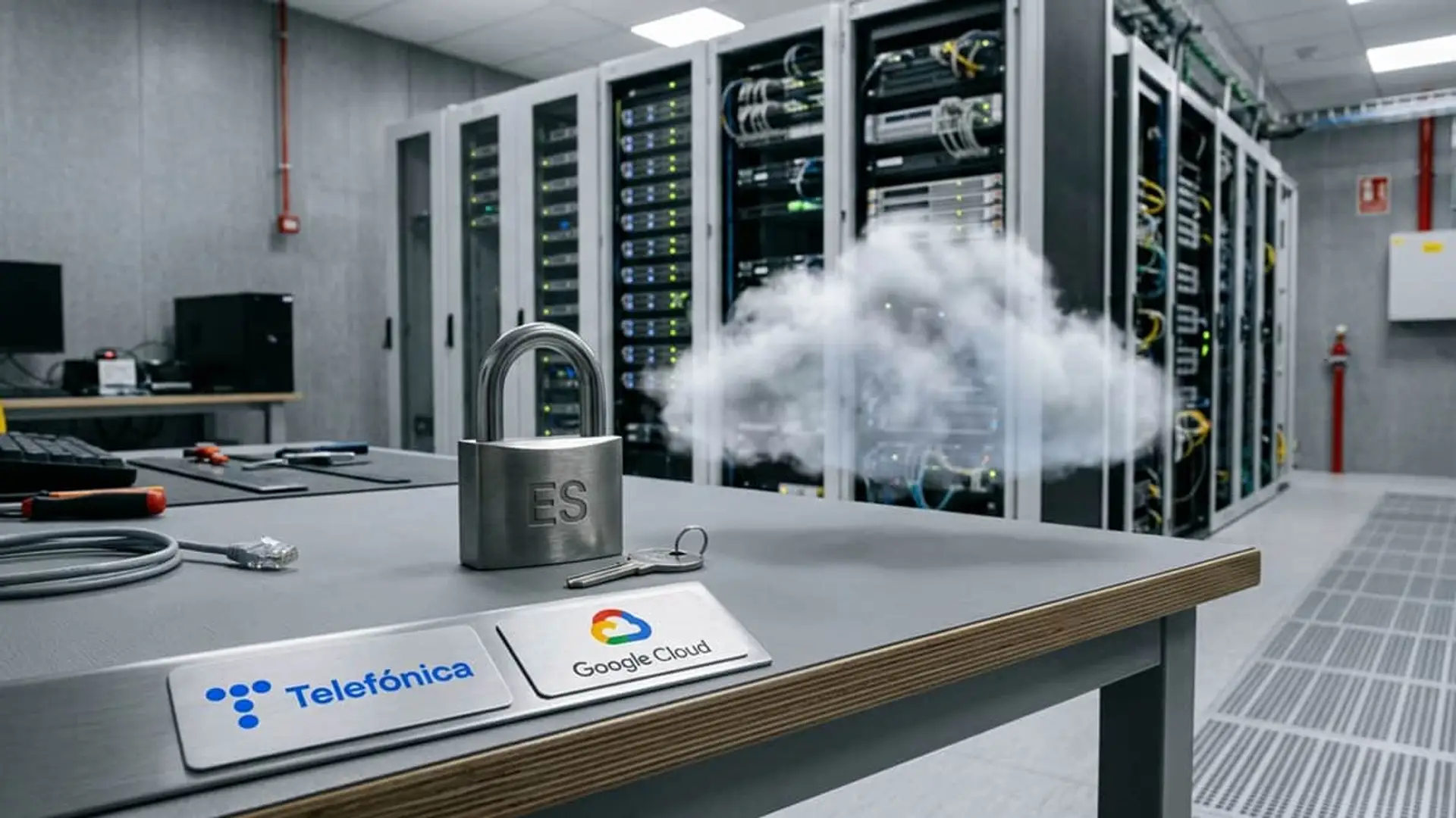 Alianza Telefónica y Google Cloud: nube segura con candado e infraestructura de servidores en un centro de datos.