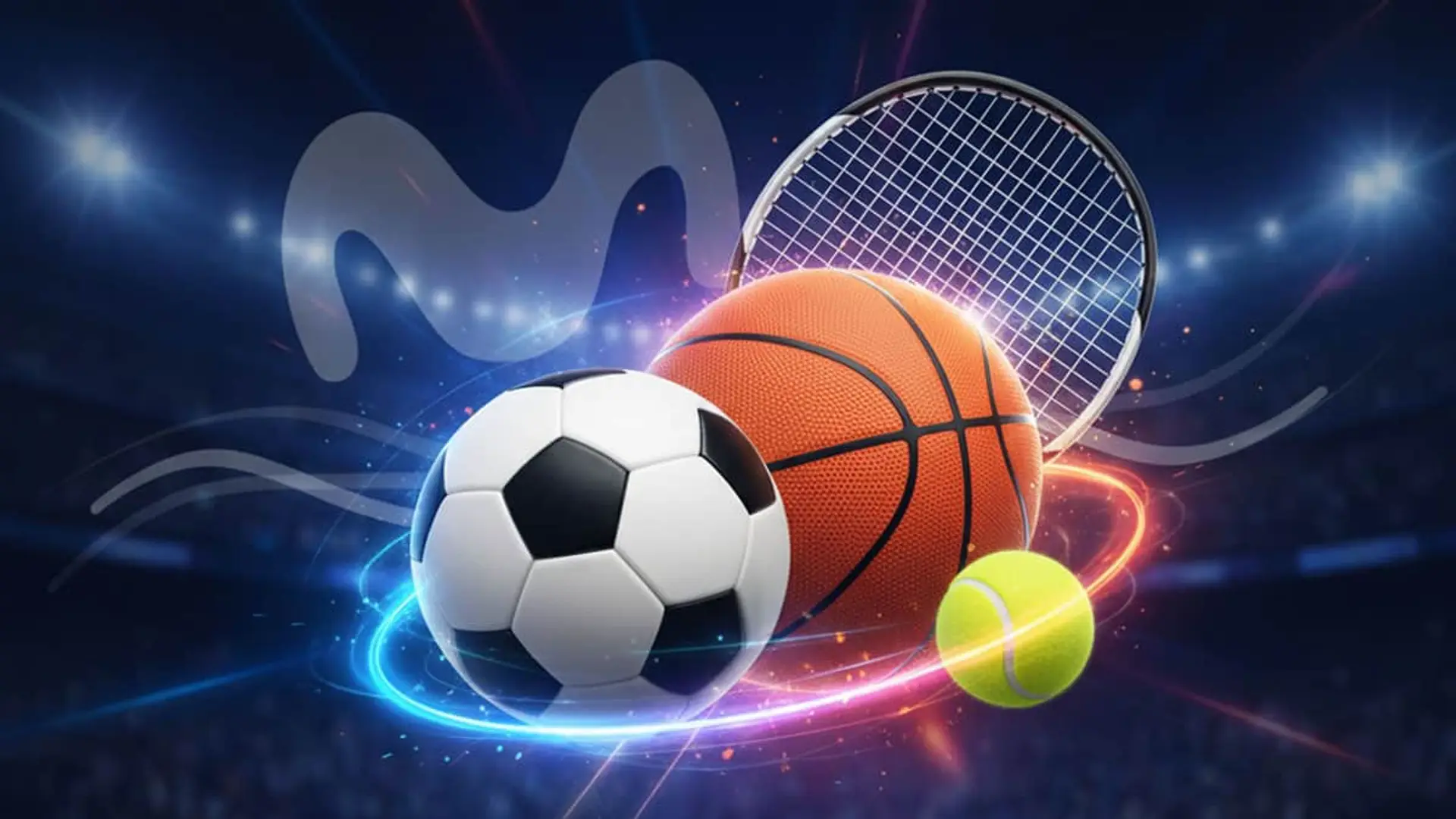 Retransmisiones deportivas en Movistar. Balón de fútbol, pelota de baloncesto y de tenis en un estadio con el logo de Movistar.