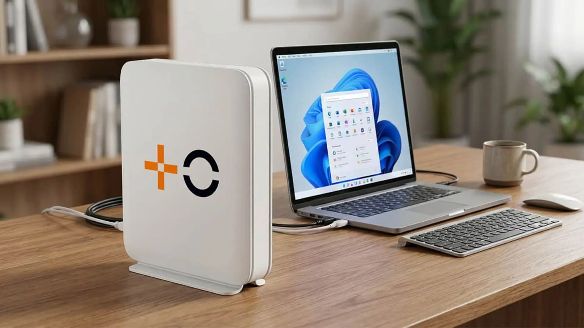 Nuevo router de MásOrange en un escritorio junto a un portátil. Conectividad WiFi 6 para el hogar o la oficina.