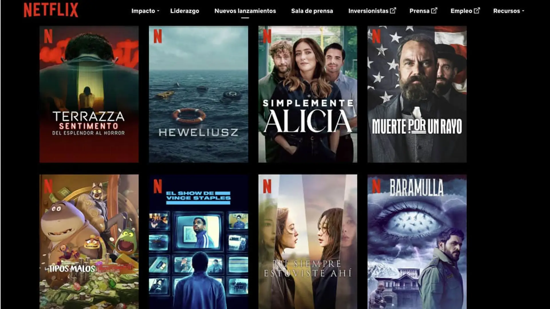 Interfaz de Netflix con pósteres de estrenos y tendencias: Terraza Sentimiento, Heweliusz, Simplemente Alicia, Muerte por un rayo.