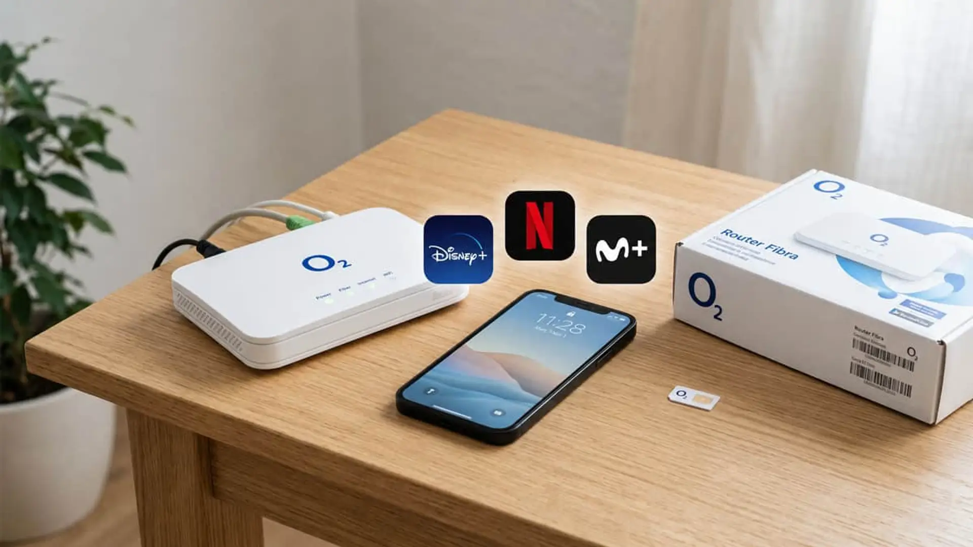 O2 ultima la llegada de Disney+: tiene listas tres tarifas junto a Netflix y Movistar Plus Router O2 Fibra con móvil y logos de Disney+, Netflix y Movistar Plus en mesa de madera