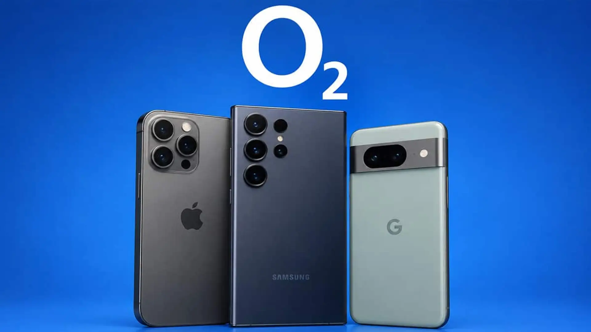 Móviles de Apple, Samsung y Google Pixel junto al logo de O2