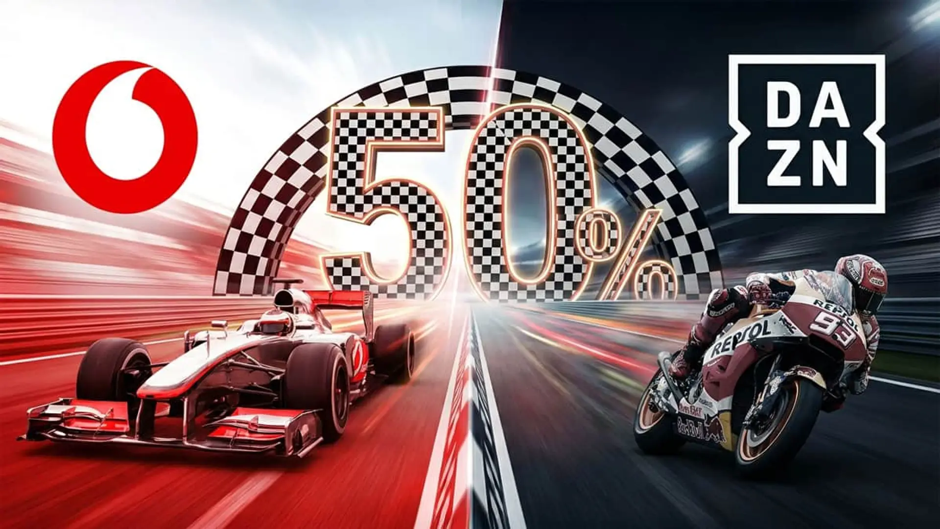 Vodafone deja DAZN Motor al 50% durante todo un año: así puedes ver F1 y MotoGP por menos de 10€ al mes Ilustración de carrera de F1 y MotoGP con logos de Vodafone y DAZN anunciando 50% de descuento.