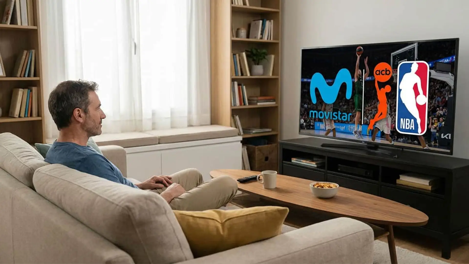 Hombre viendo un partido de baloncesto en el televisor de su casa. Disfruta de la ACB y la NBA en Movistar Plus+.